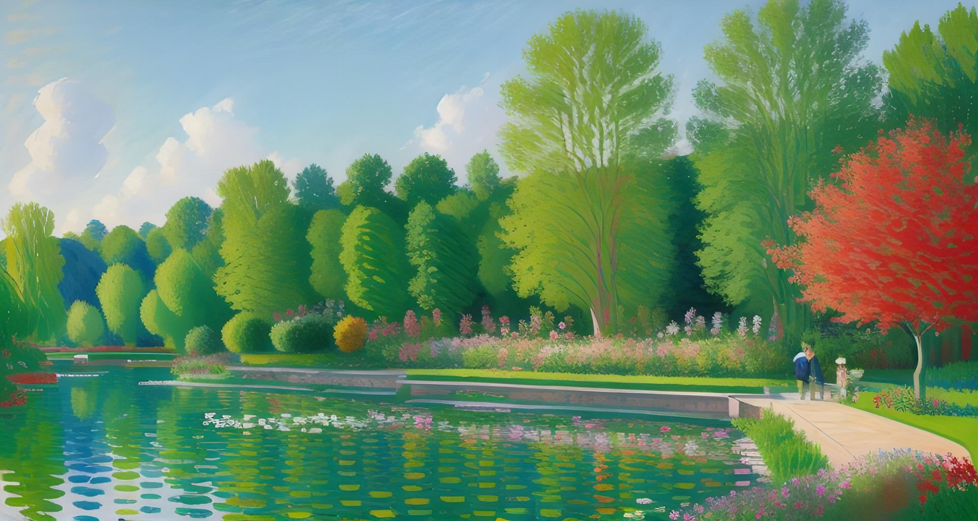 Herbstlicher See mit Spiegelungen - Roter Herbstbaum - Grüner Wald - Spaziergänger - Leinwand Wandbild
