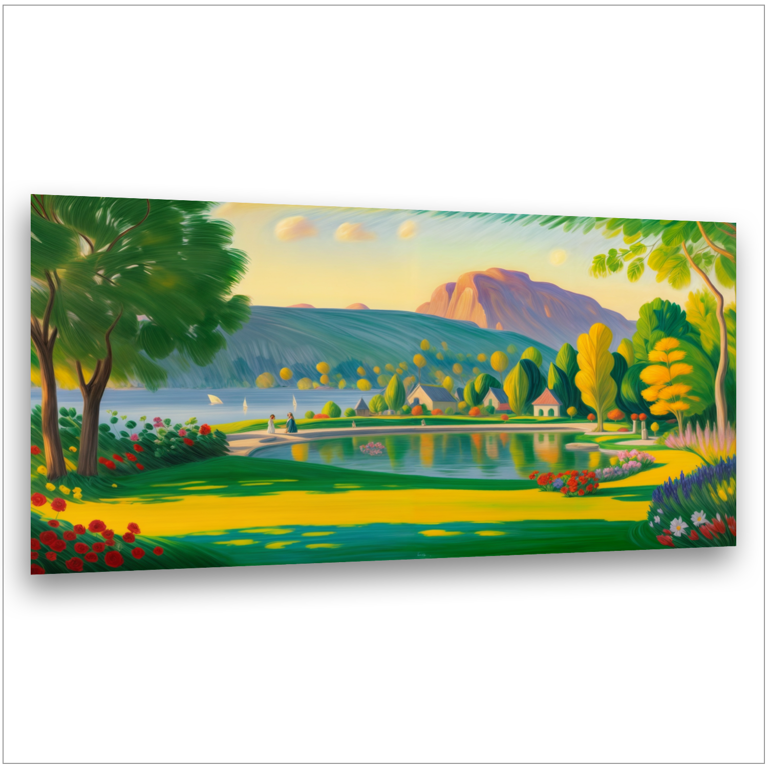 Dorf am Bergsee - Türkisblauer See - Lila Berg - Bunte Blumenwiese - Herbstbäume - Canvas Wandbild
