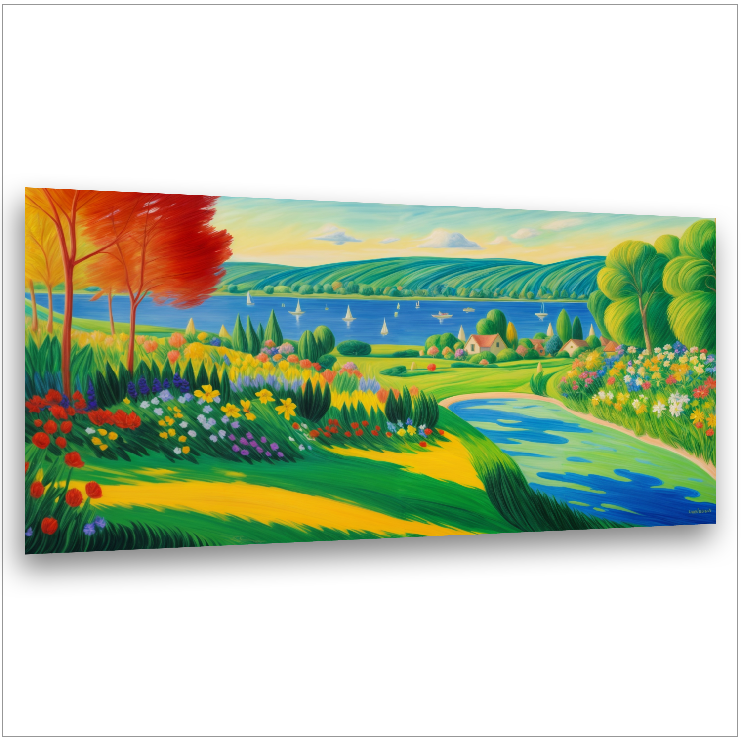 Segelboote auf blauem See - Grüne Weinberge - Bunter Blumengarten - Roter Herbstbaum - Canvas Wandbild
