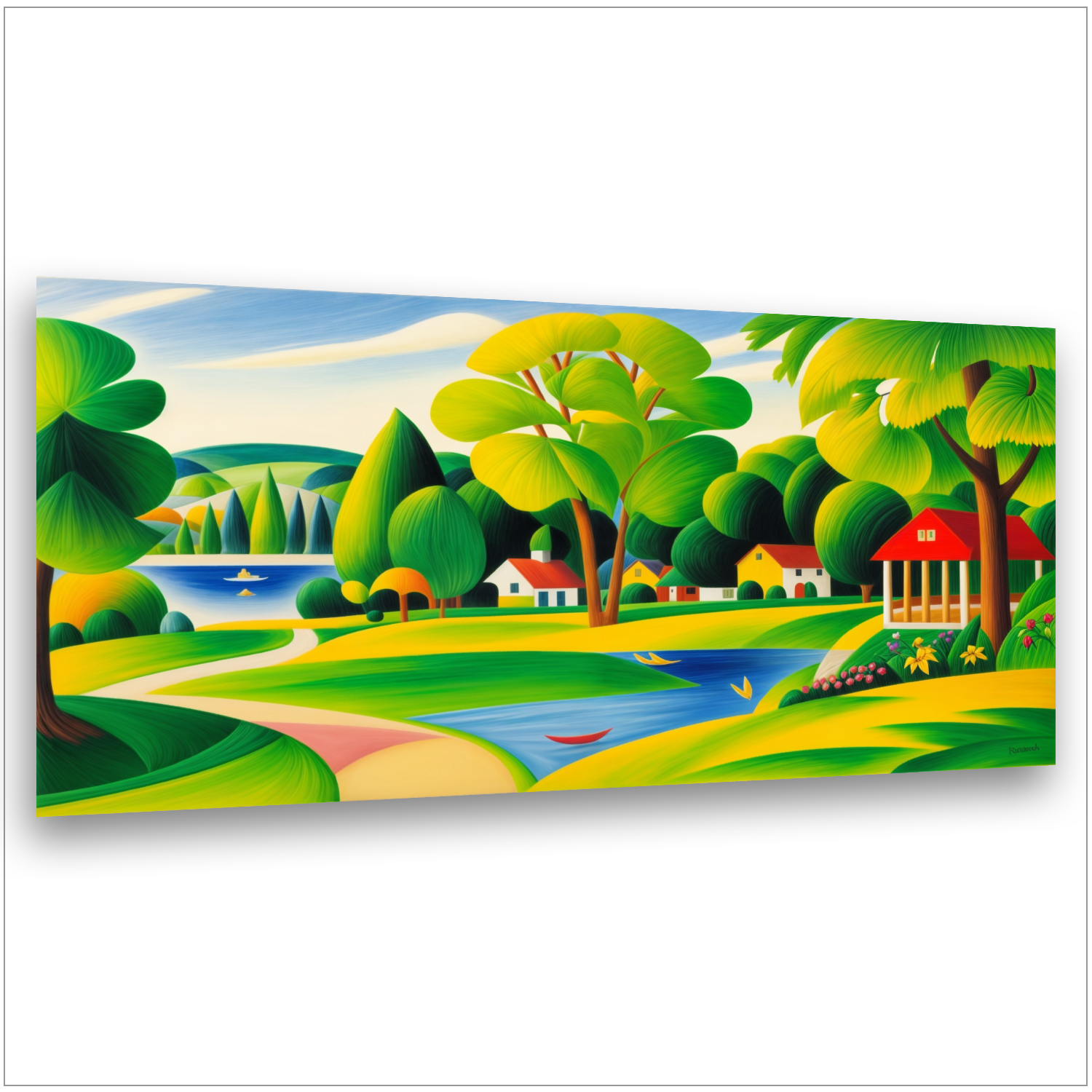 Dorf am Bach - Blauer See - Runde grüne Bäume - Gelber Pavillon - Naiver Stil - Canvas Wandbild
