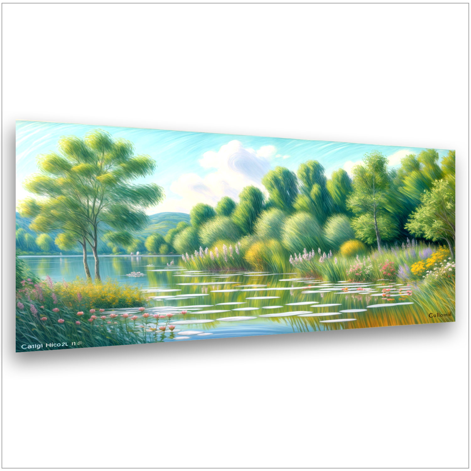 Stiller Seerosenteich - Grüne Bäume mit Spiegelungen - Schilf und Blumen - Impressionismus - Canvas Wandbild
