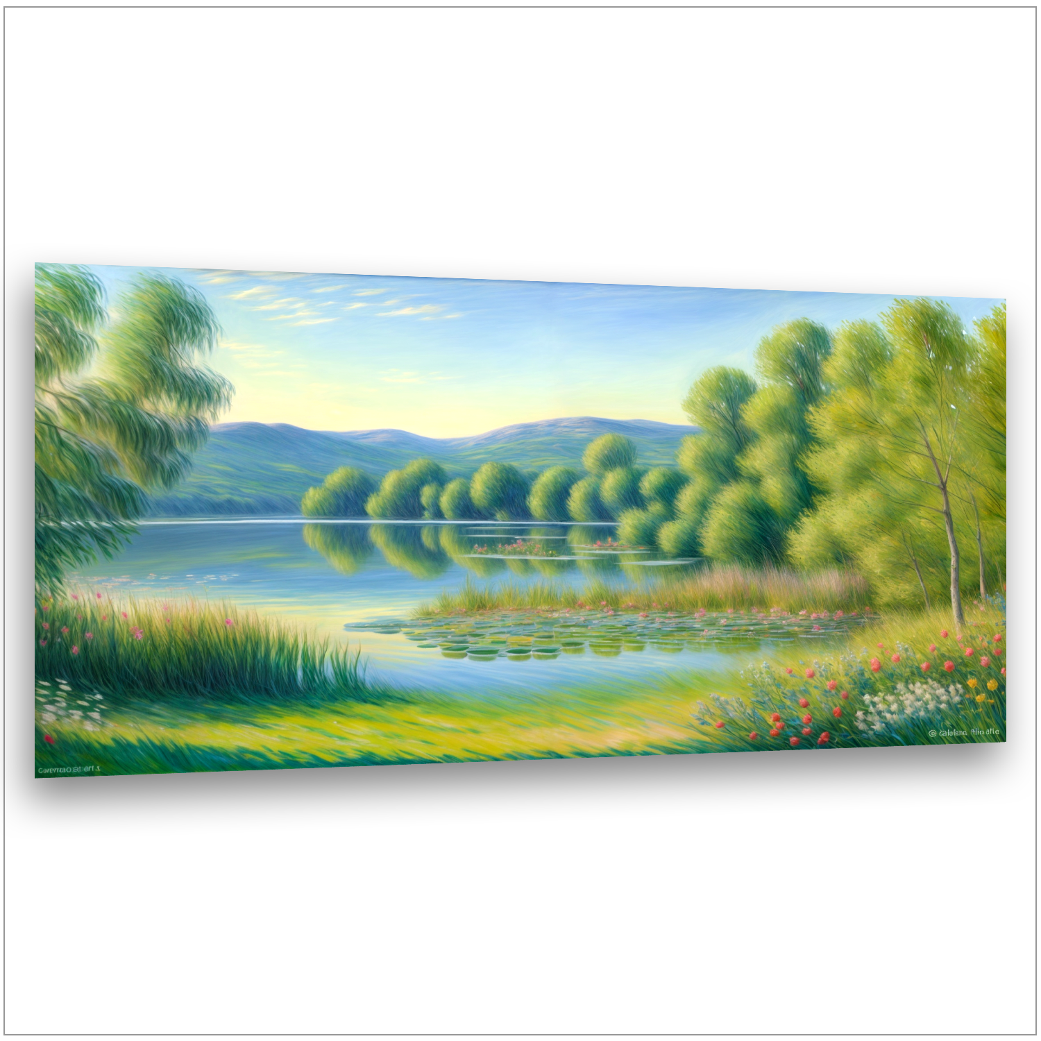 Morgen am Seerosenteich - Grüne Bäume mit Spiegelungen - Blaue Berge - Bunter Blumengarten - Canvas Wandbild

