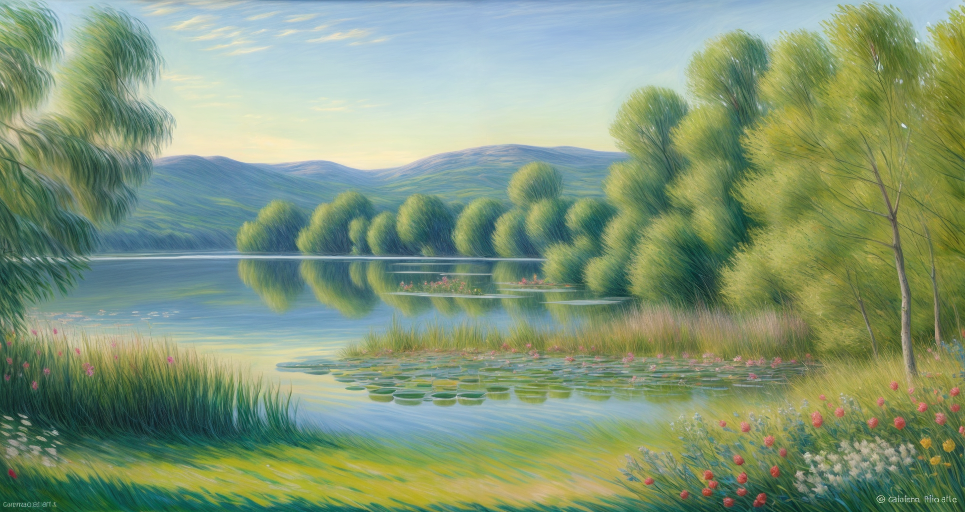 Morgen am Seerosenteich - Grüne Bäume mit Spiegelungen - Blaue Berge - Bunter Blumengarten - Leinwandbild
