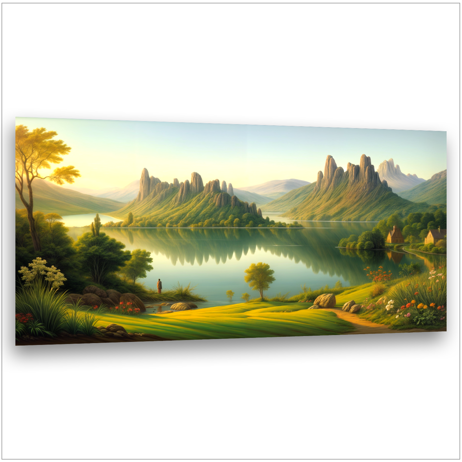 Phantasie Berglandschaft - Spitze Felsen - Stiller See mit Spiegelungen - Goldenes Licht - Canvas Wandbild
