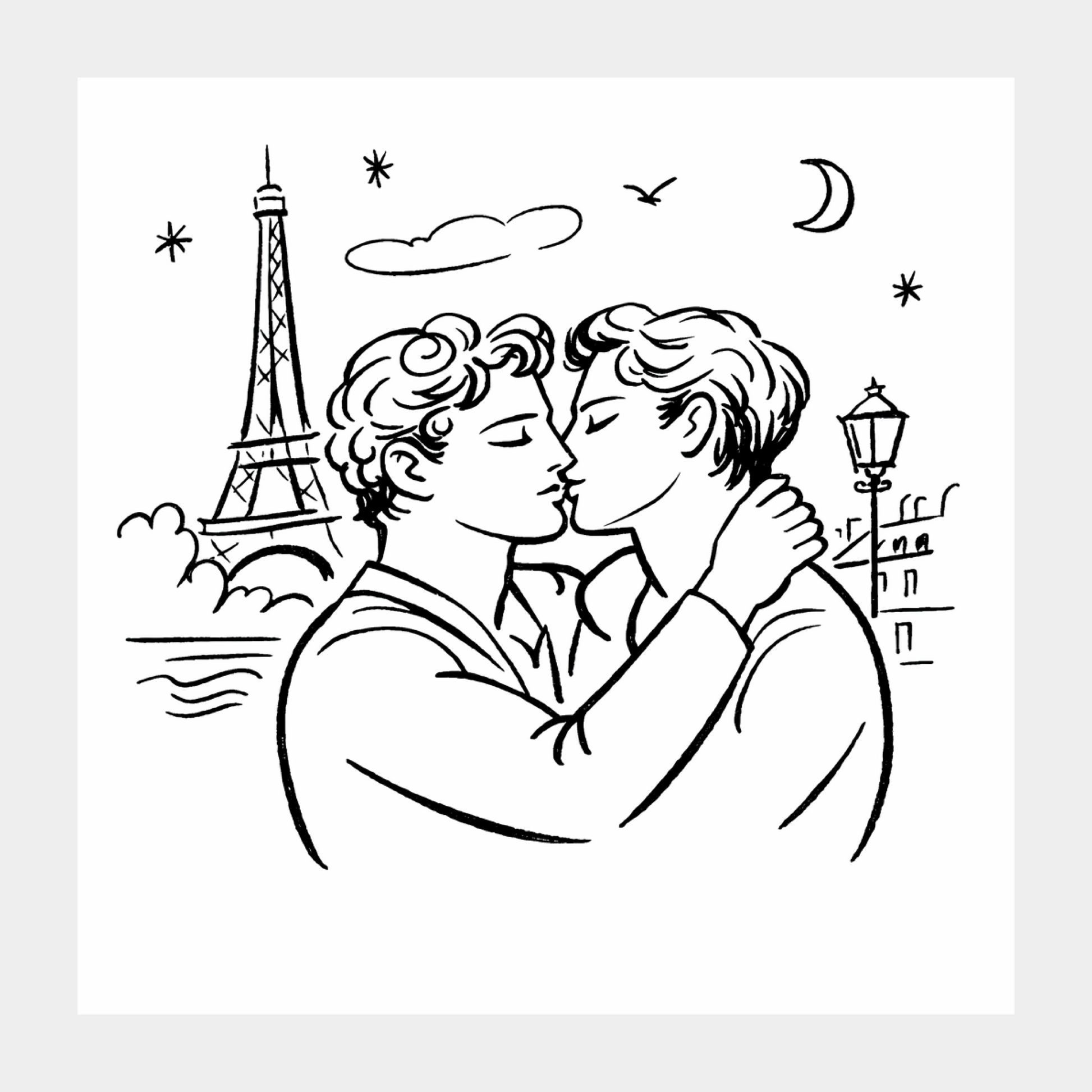 Zwei Männer küssen sich in Paris - Cocteau-Stil Linienzeichnung - Gay Love - Wandbild
