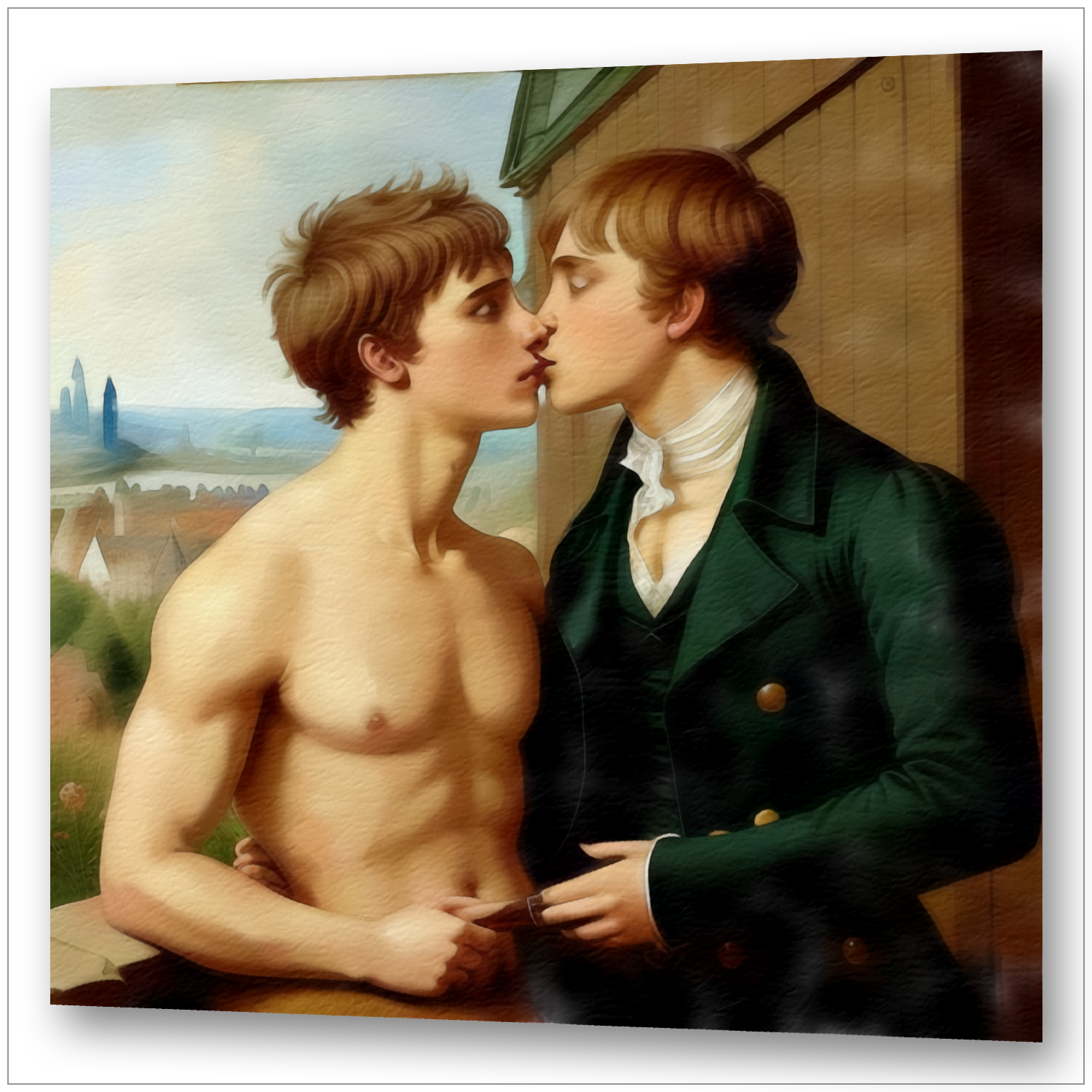 Gentleman im grünen Gehrock küsst nackten jungen Mann - Romantische Landschaft - Canvas Wandbild - Gay Love trifft Friedrich
