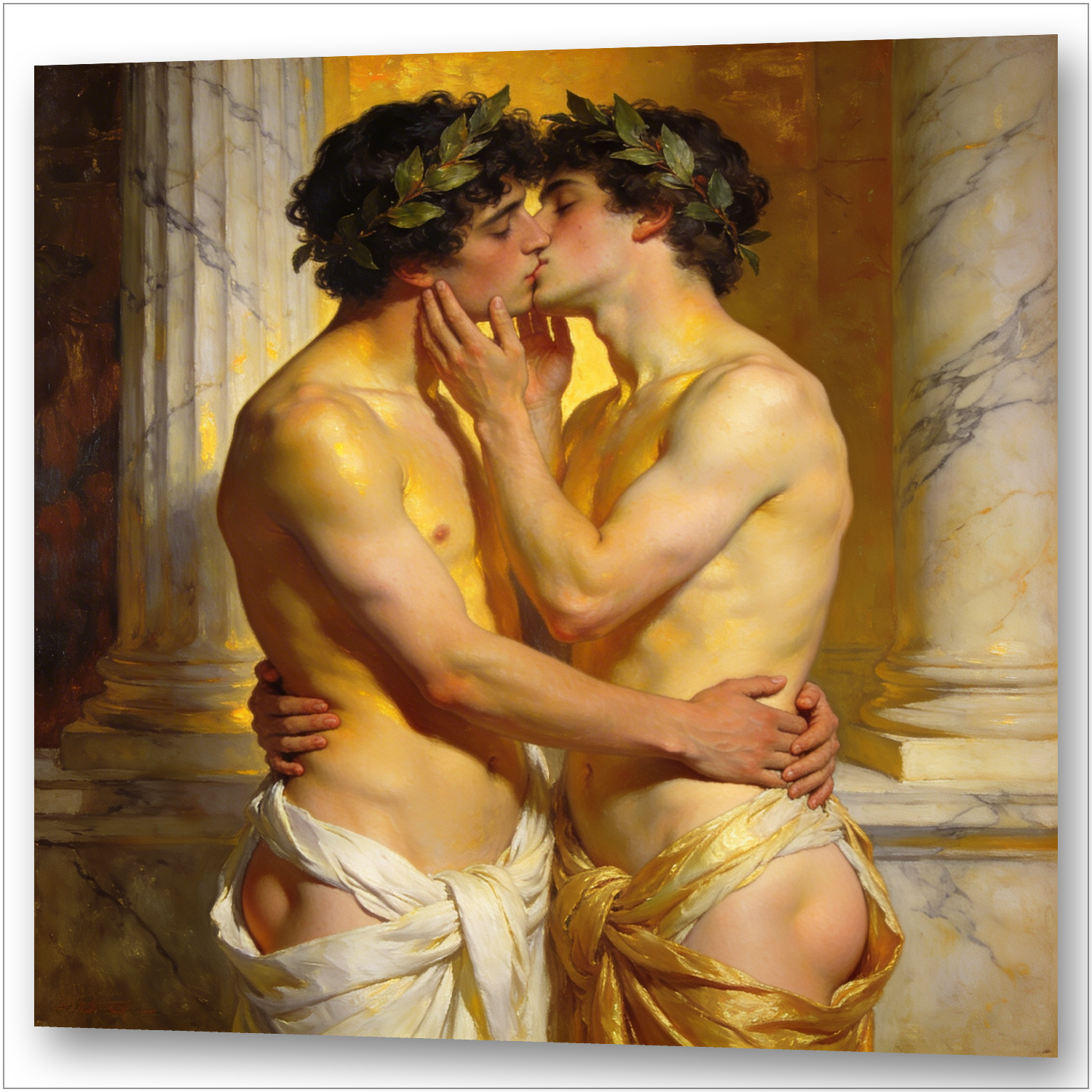 Zwei Männer küssen sich im goldenen Tempellicht – Gay Art im Stil von Simeon Solomon