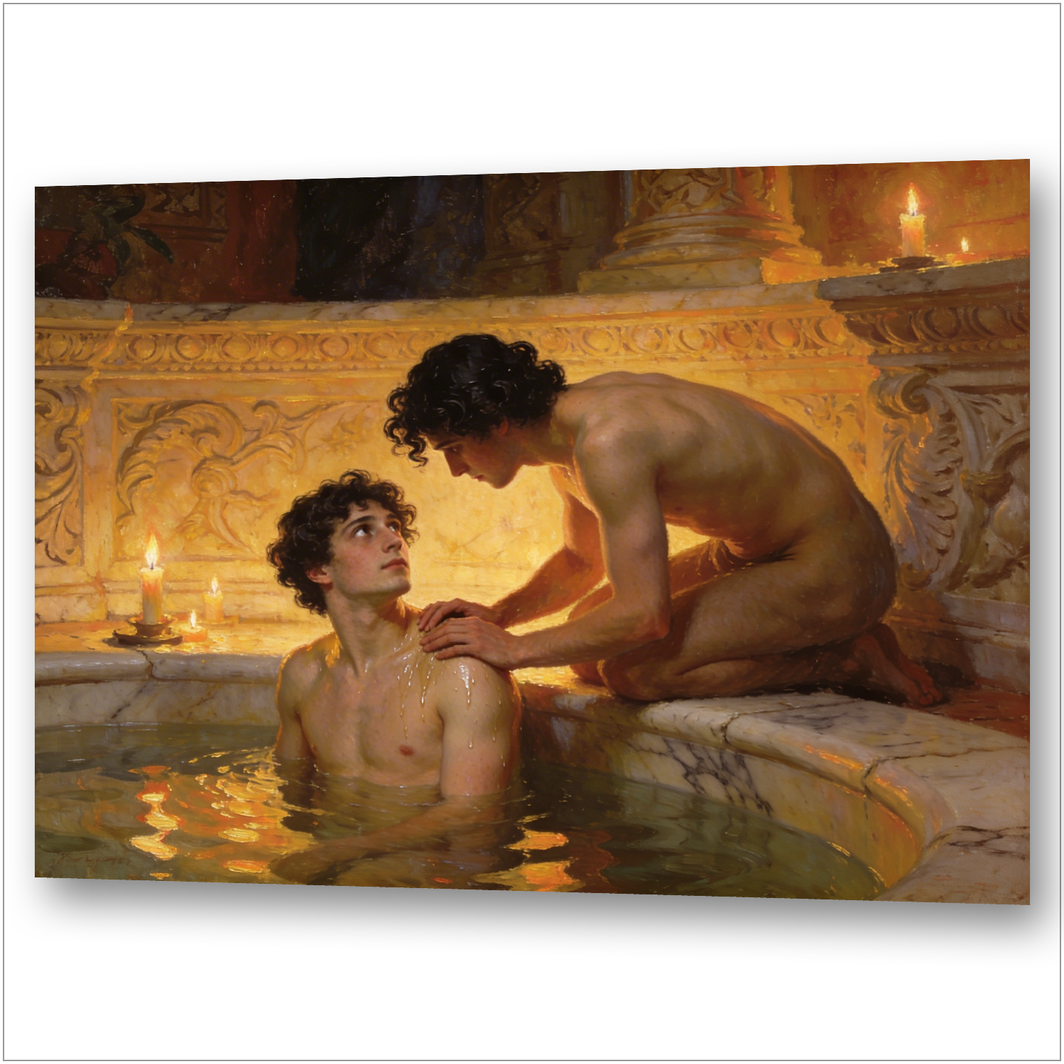 Zwei nackte schwule Männer im antiken Bad – sinnliche Gay Art im Stil von Simeon Solomon, Wandbild
