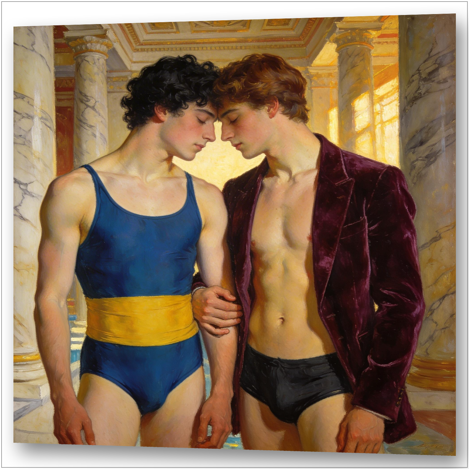 Gay Art Wandbild – zwei sexy schwule Männer in Underwear im Badehaus

