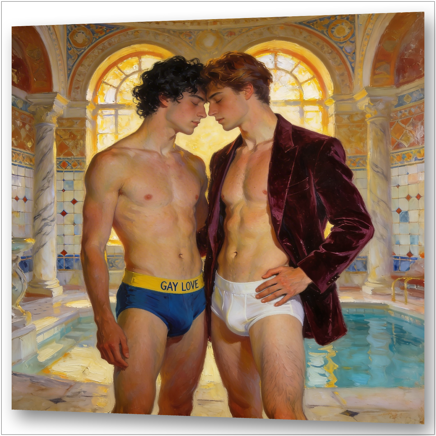 Gay Art Wandbild – zwei sexy schwule Männer in Underwear im Badehaus