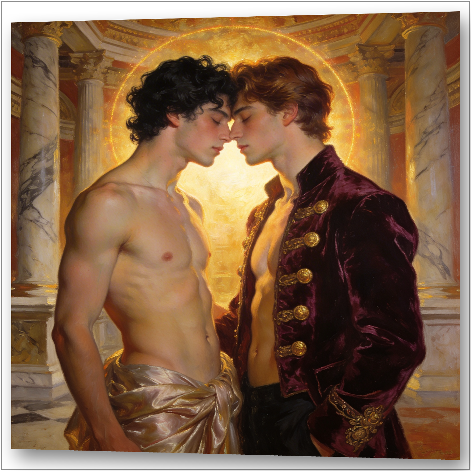 Schwule Twinks küssen sich unter goldenem Heiligenschein – Gay Fine Art Wandbild