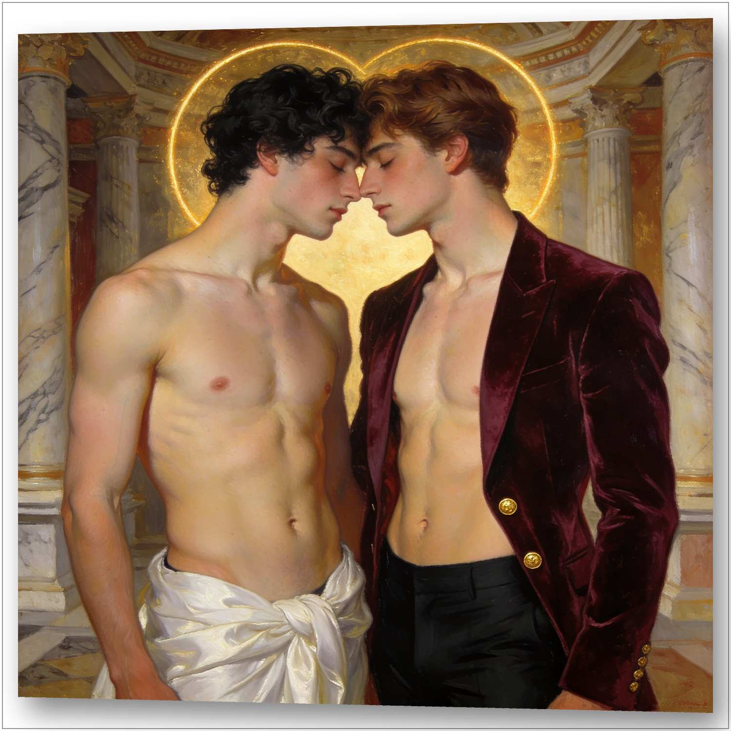 Schwule Twinks küssen sich unter Heiligenschein - Widerstand gegen Kirchen-Repression – Gay Art Wandbild
