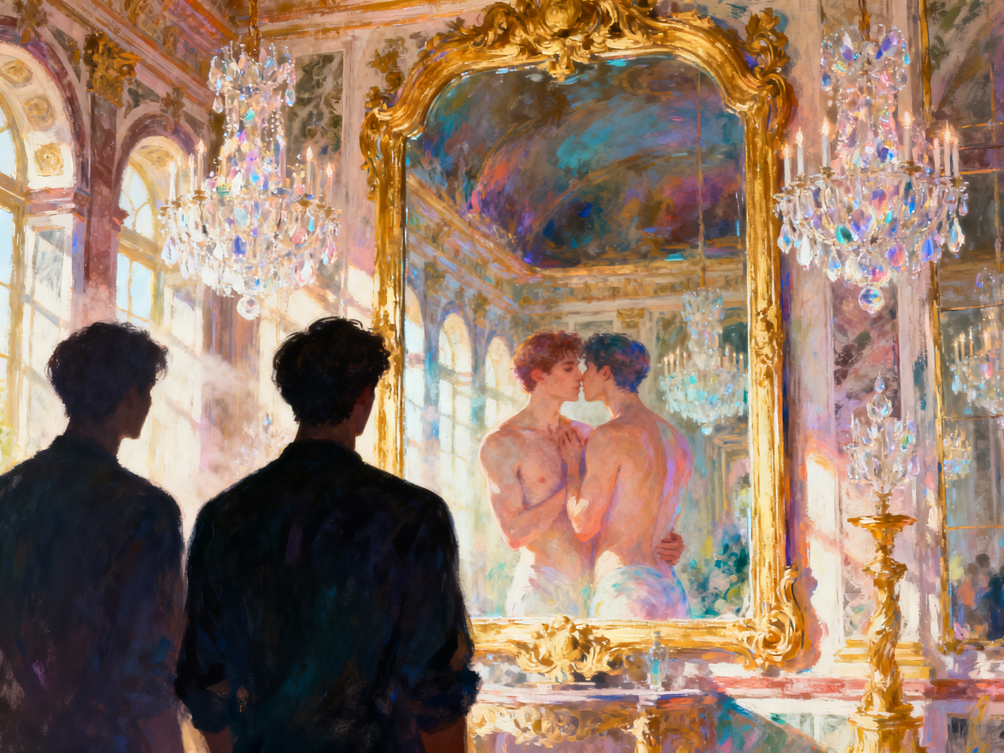 Gay Art – zwei Männer in Versailles, Spiegelbild zeigt sie küssen sich und unbekleidet, goldener Rokoko-Rahmen, Kristallkronleuchter – KUNSTWERK BILDER
