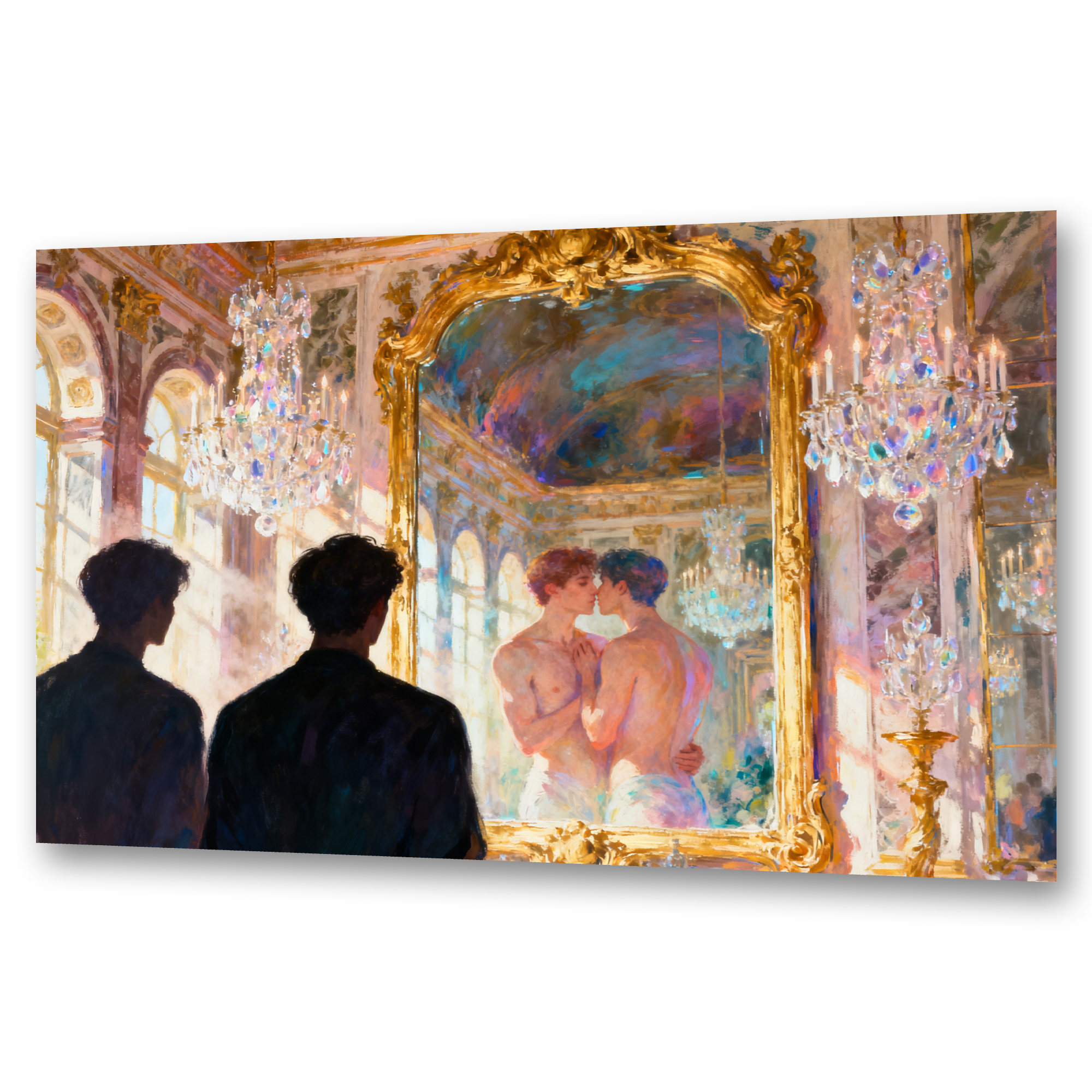 Gay Art – zwei schwule Männer vor Versailles-Spiegel, Spiegelung zeigt sie sich küssend und nackt, goldener Rahmen, Kronleuchter – KUNSTWERK BILDER
