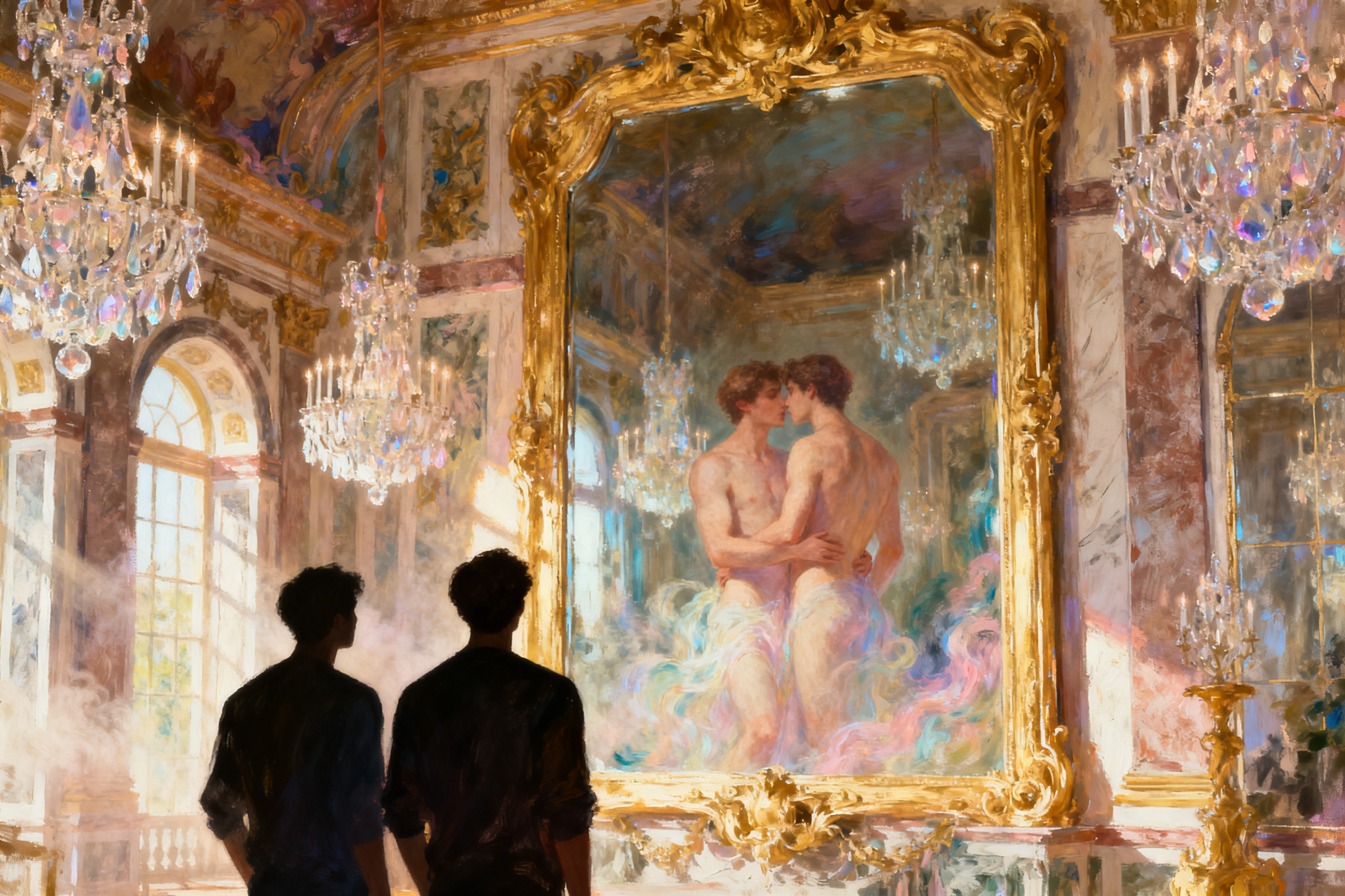 Leinwandbild Gay Art – Silhouetten zweier Männer vor goldenem Versailles-Spiegel – Spiegelbild zeigt schwules Paar nackt, sich küssend – impressionistischer Stil – KUNSTWERK BILDER
