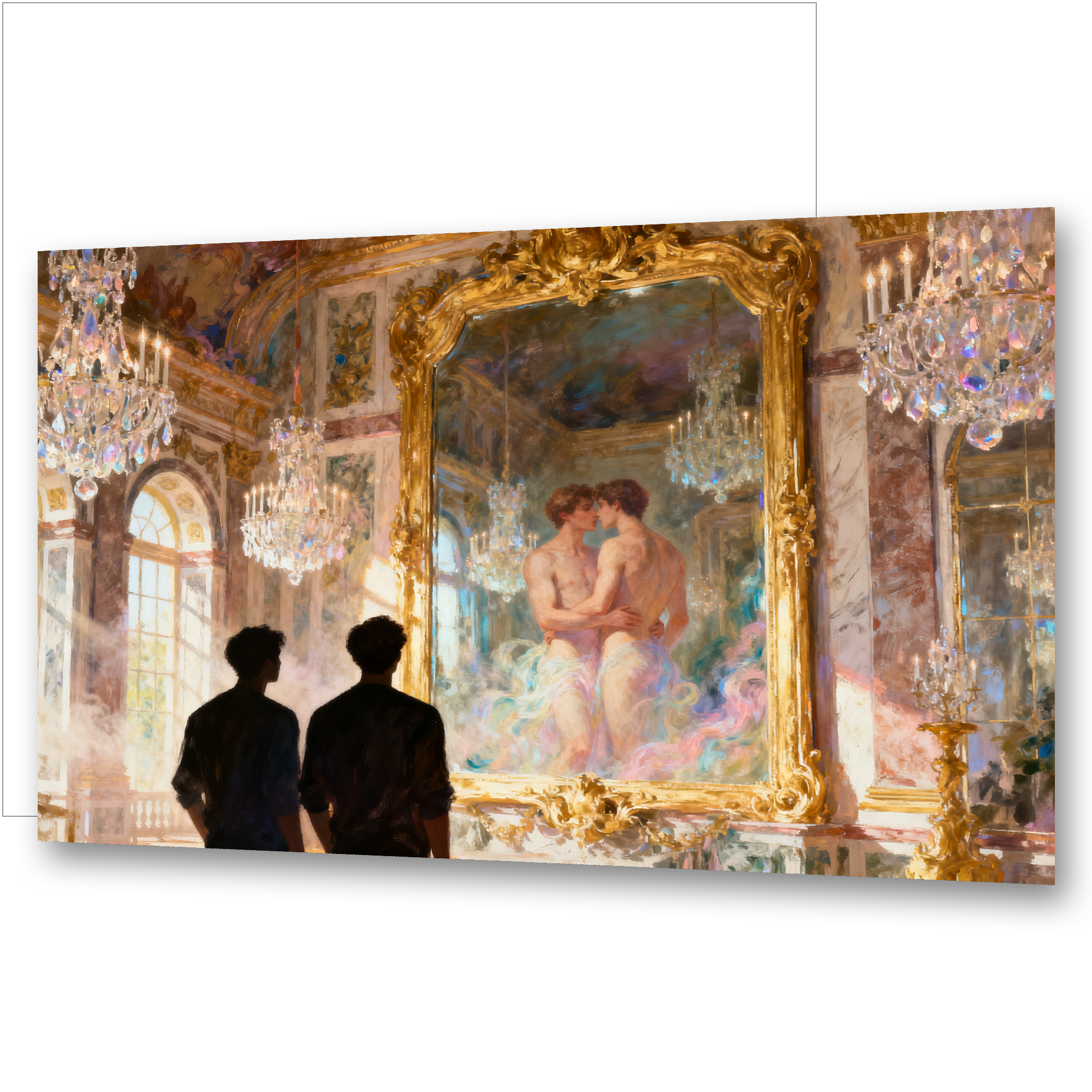 Leinwandbild Gay Art – Schwules Paar vor dem goldenen Spiegelsaal Versailles – magischer Spiegel zeigt nackte Männer sich küssend – Monet-Stil – KUNSTWERK BILDER


