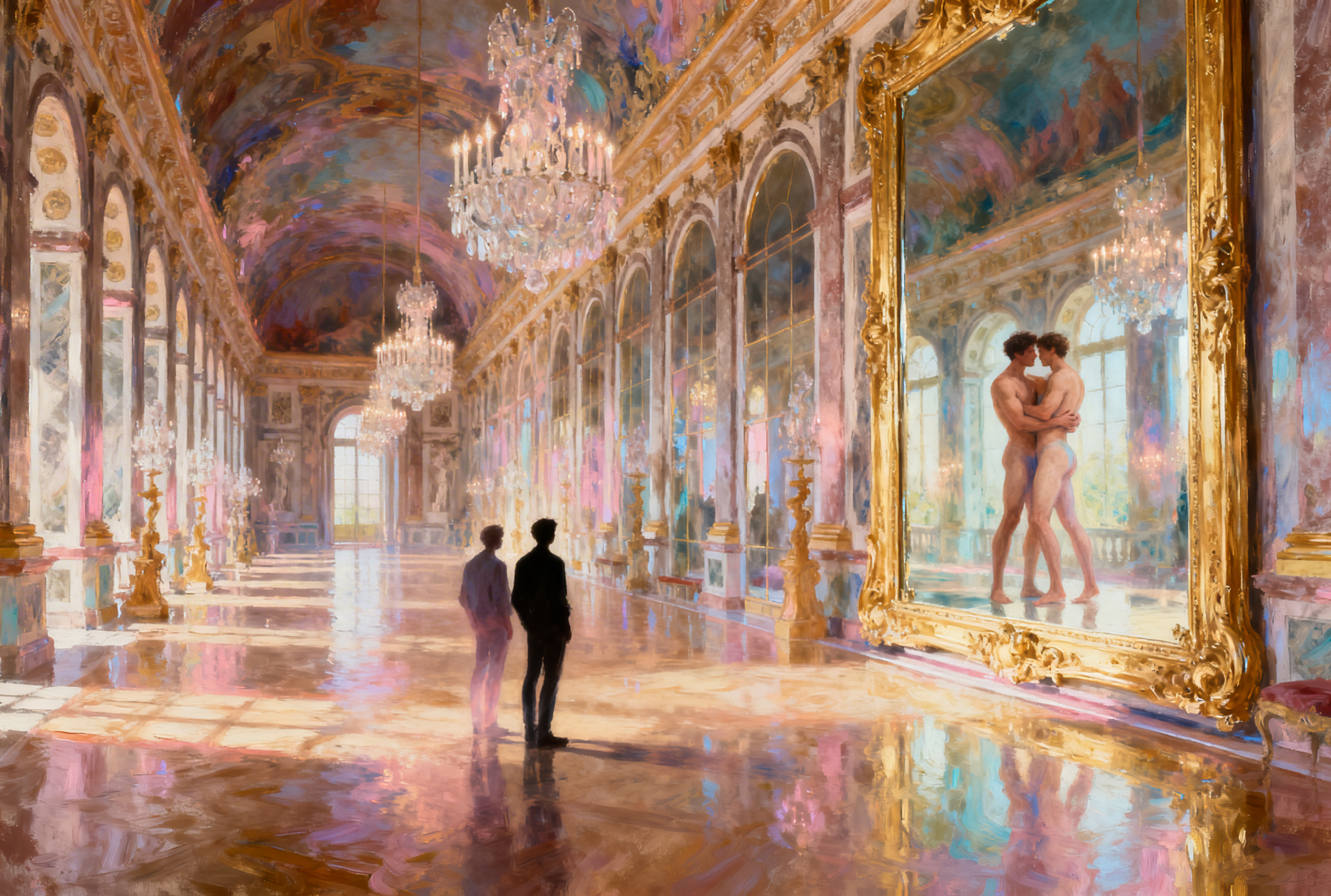 Leinwandbild Gay Art – Spiegelsaal Versailles, schwule Liebe im goldenen Spiegel, impressionistischer Stil – KUNSTWERK BILDER

