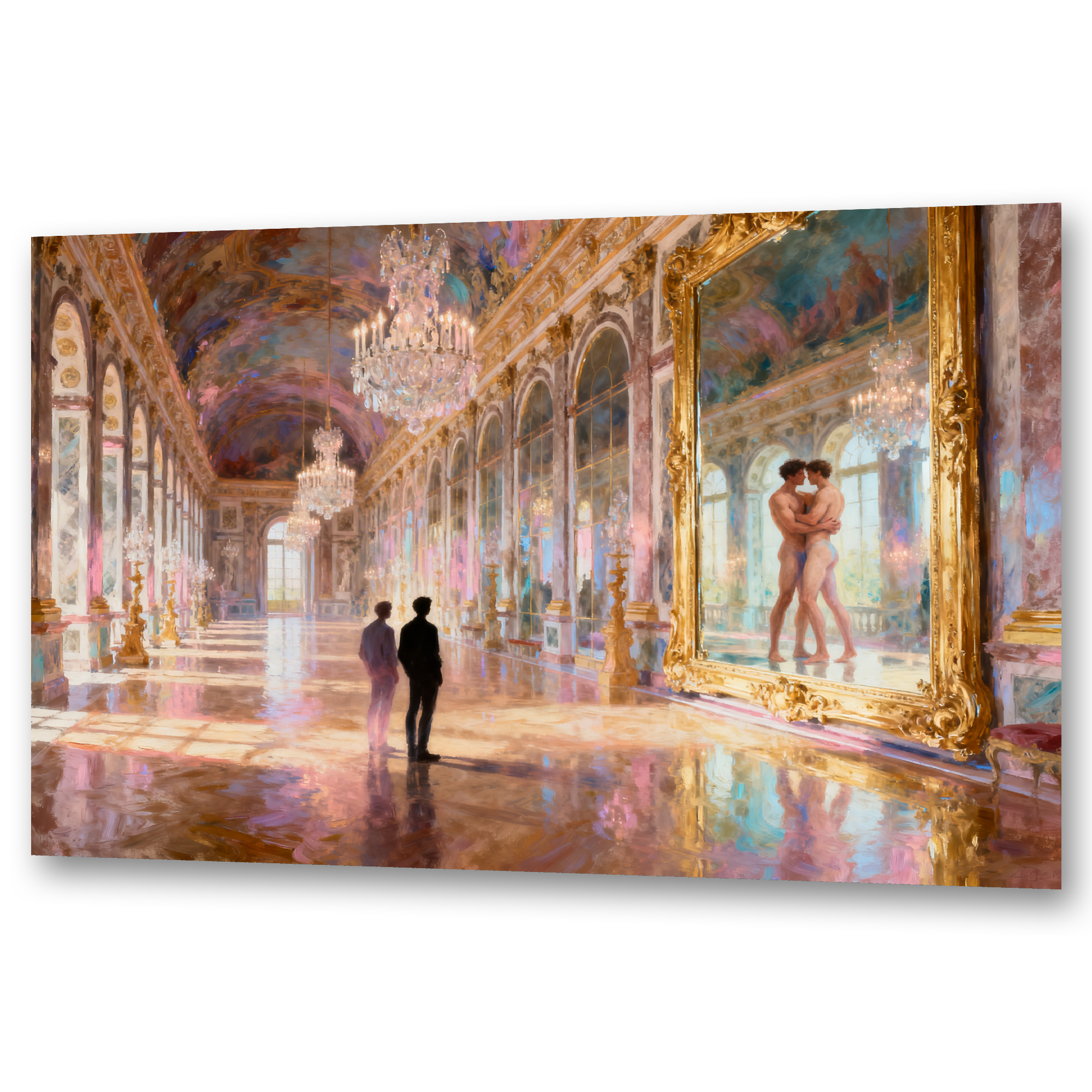 Gay Art – Zwei Männer im Spiegelsaal von Versailles, der Spiegel zeigt sie nackt im Kuss, Monet-Stil – KUNSTWERK BILDER
