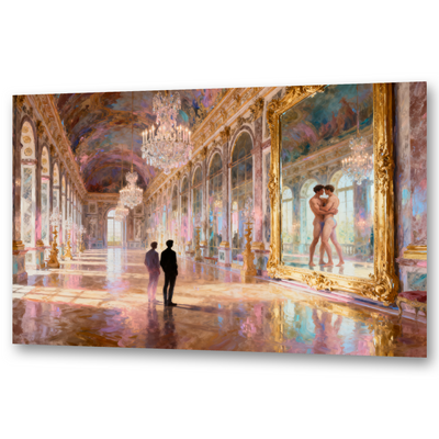 Gay Art – Zwei Männer im Spiegelsaal von Versailles, der Spiegel zeigt sie nackt im Kuss, Monet-Stil – KUNSTWERK BILDER

