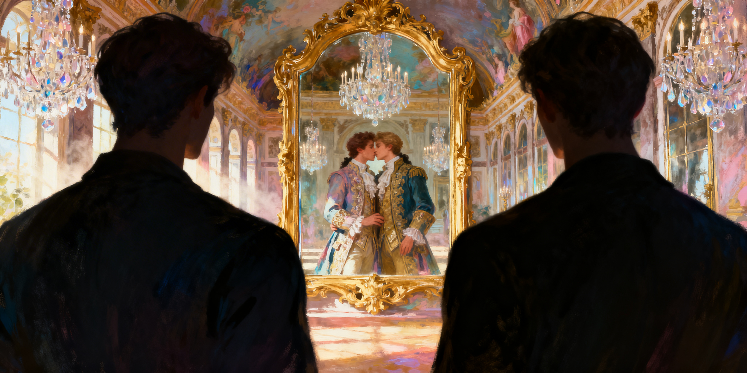 Gay Art Leinwandbild – Schwule Höflinge Ludwigs XIV. in Samt und Seide sich küssend – magischer Spiegel von Versailles – historische Gay Art – KUNSTWERK BILDER
