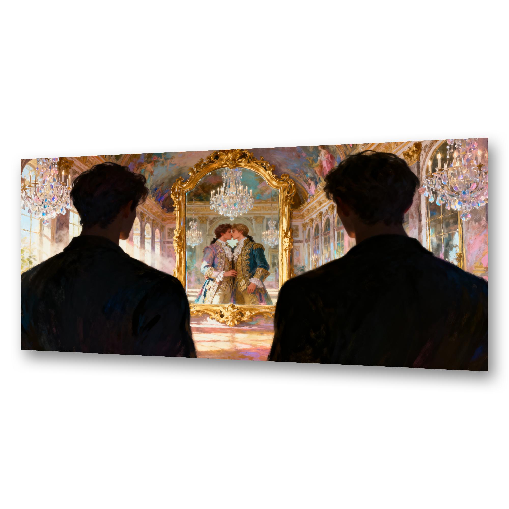 Leinwandbild Gay Art – Zwei Männer als Silhouetten vor goldenem Versailles-Spiegel – Spiegelbild zeigt schwules Paar in Rokoko-Hofkleidung sich küssend – Zeitreise zu Ludwig XIV. – KUNSTWERK BILDER

