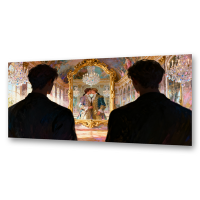 Leinwandbild Gay Art – Zwei Männer als Silhouetten vor goldenem Versailles-Spiegel – Spiegelbild zeigt schwules Paar in Rokoko-Hofkleidung sich küssend – Zeitreise zu Ludwig XIV. – KUNSTWERK BILDER

