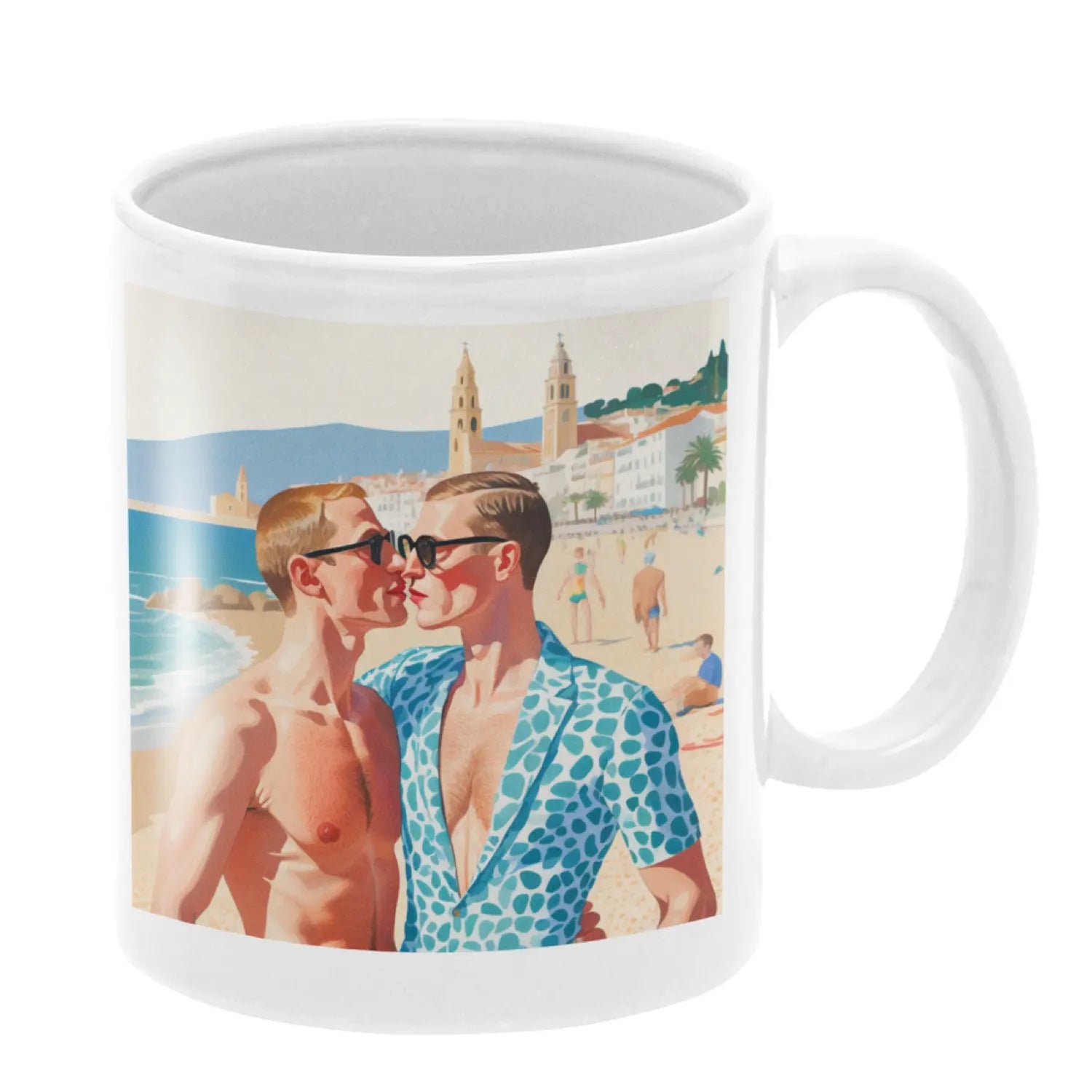 Kuss am Strand von Sitges - Gay Love Tasse | Kunstwerk Bilder KUNSTWERK BILDER