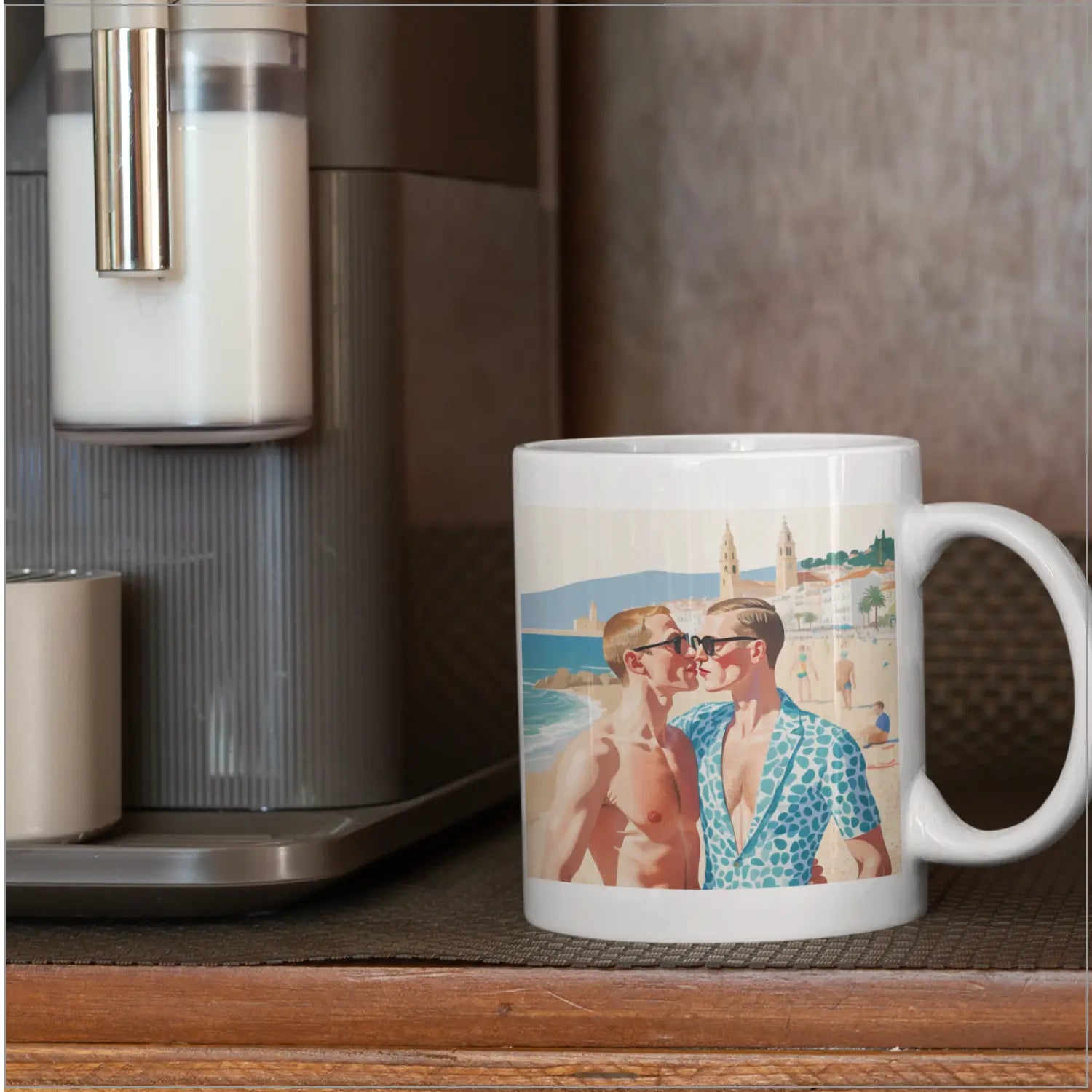 Kuss am Strand von Sitges - Gay Love Tasse | Kunstwerk Bilder KUNSTWERK BILDER