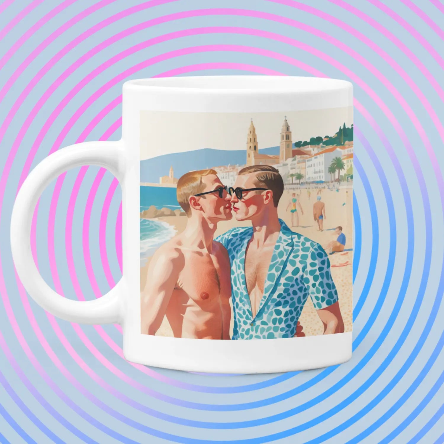 Kuss am Strand von Sitges - Gay Love Tasse | Kunstwerk Bilder KUNSTWERK BILDER