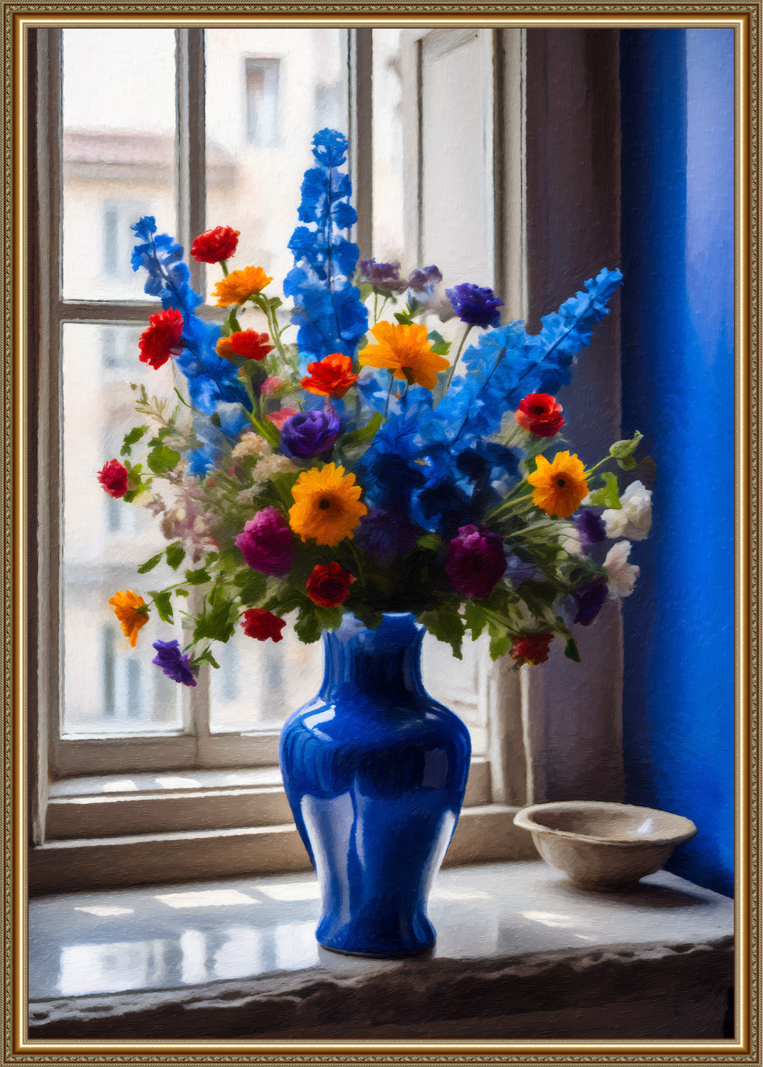 Blauer Rittersporn mit bunten Blumen in eleganter Vase am Fenster - Realistisches Wandbild mit goldenem Rahmen

