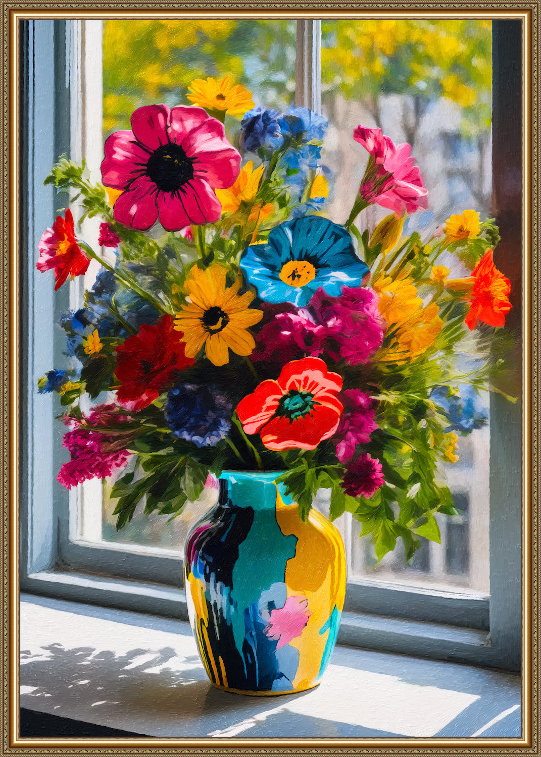 Bunter Wildblumenstrauß in abstrakter Vase - Impressionistisches Stillleben mit leuchtenden Farben - Canvas Wandbild
