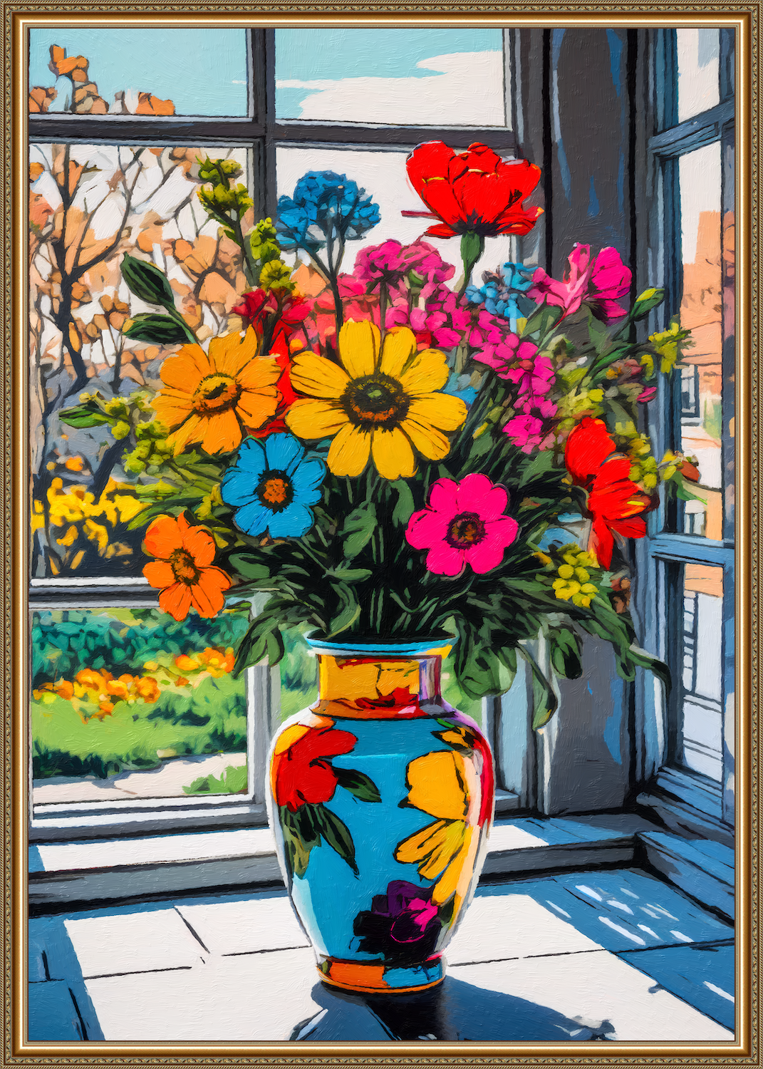 Bunter Blumenstrauß in gemusterter Vase - Pop Art Stillleben mit leuchtenden Farben - Gay Art Canvas
