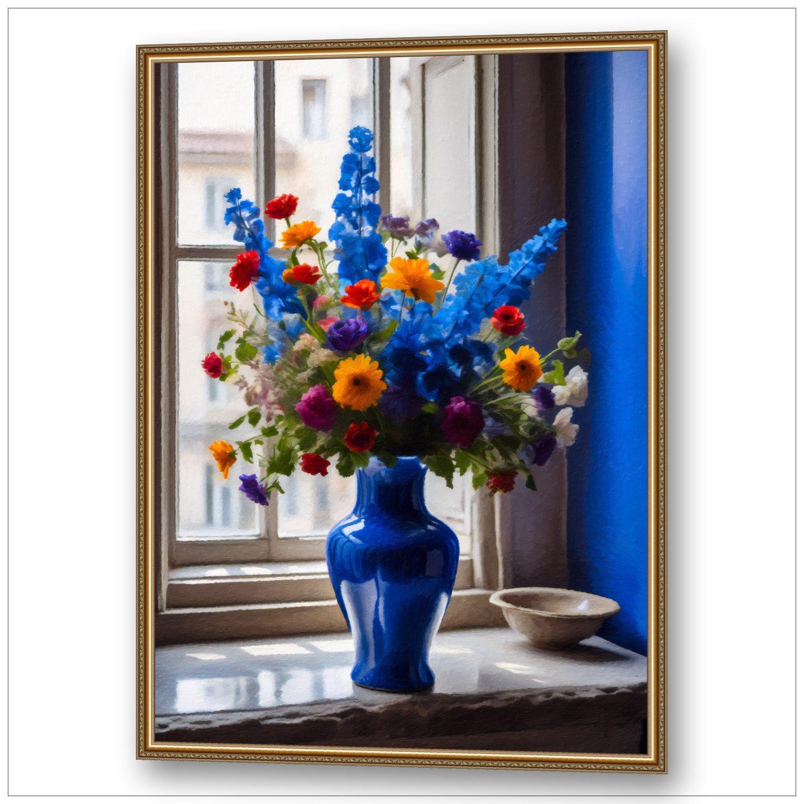 Sommerlicher Blumenstrauß mit Rittersporn in blauer Vase - Mediterranes Stillleben - Canvas Wandbild
