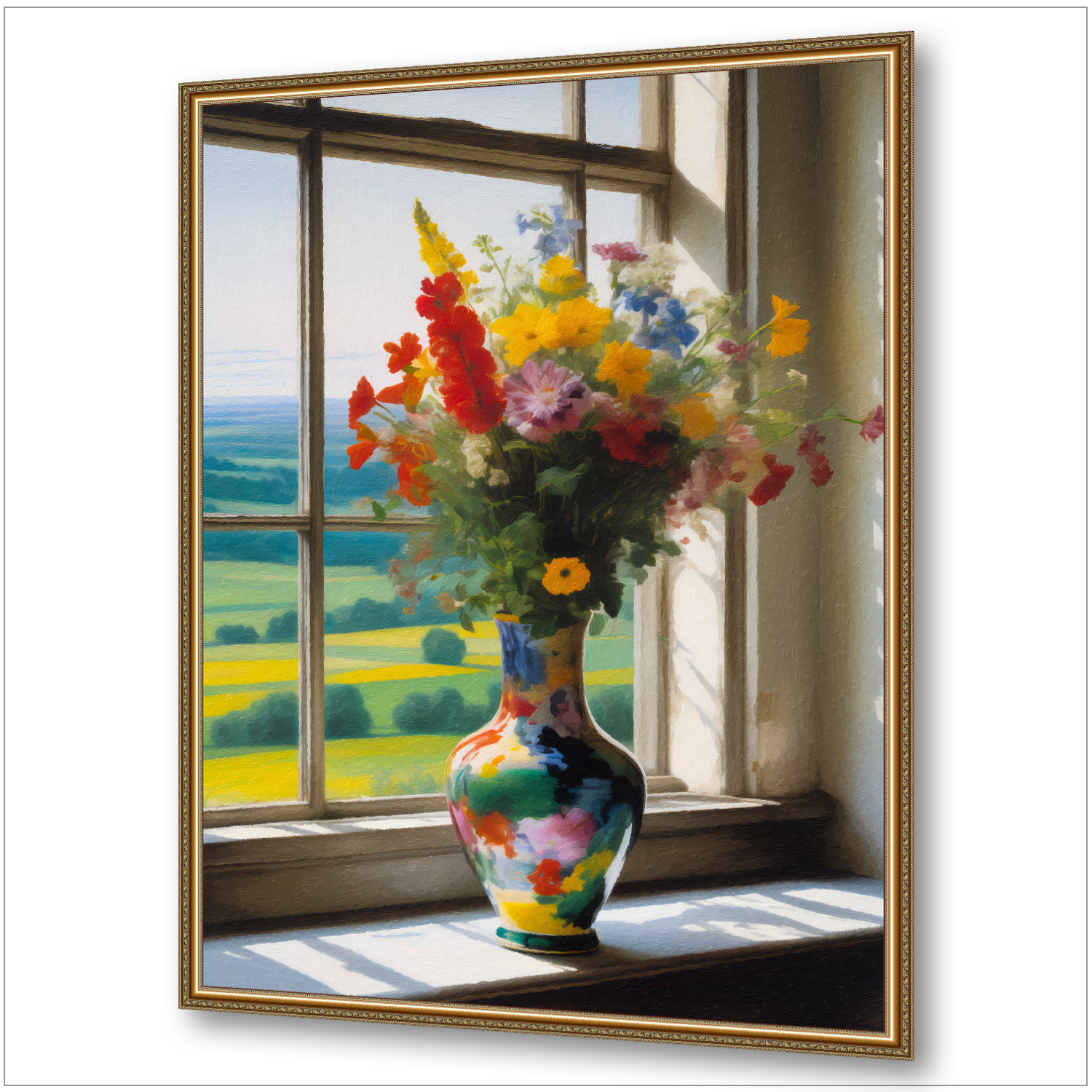 Sommerlicher Blumenstrauß in bunter Vase am Fenster mit Meerblick - Impressionistisches Wandbild mit goldenem Rahmen
