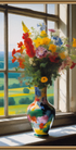 Wilder Feldblumenstrauß in abstrakt bemalter Vase - Impressionistisches Stillleben mit Landschaftsblick - Canvas Wandbild
