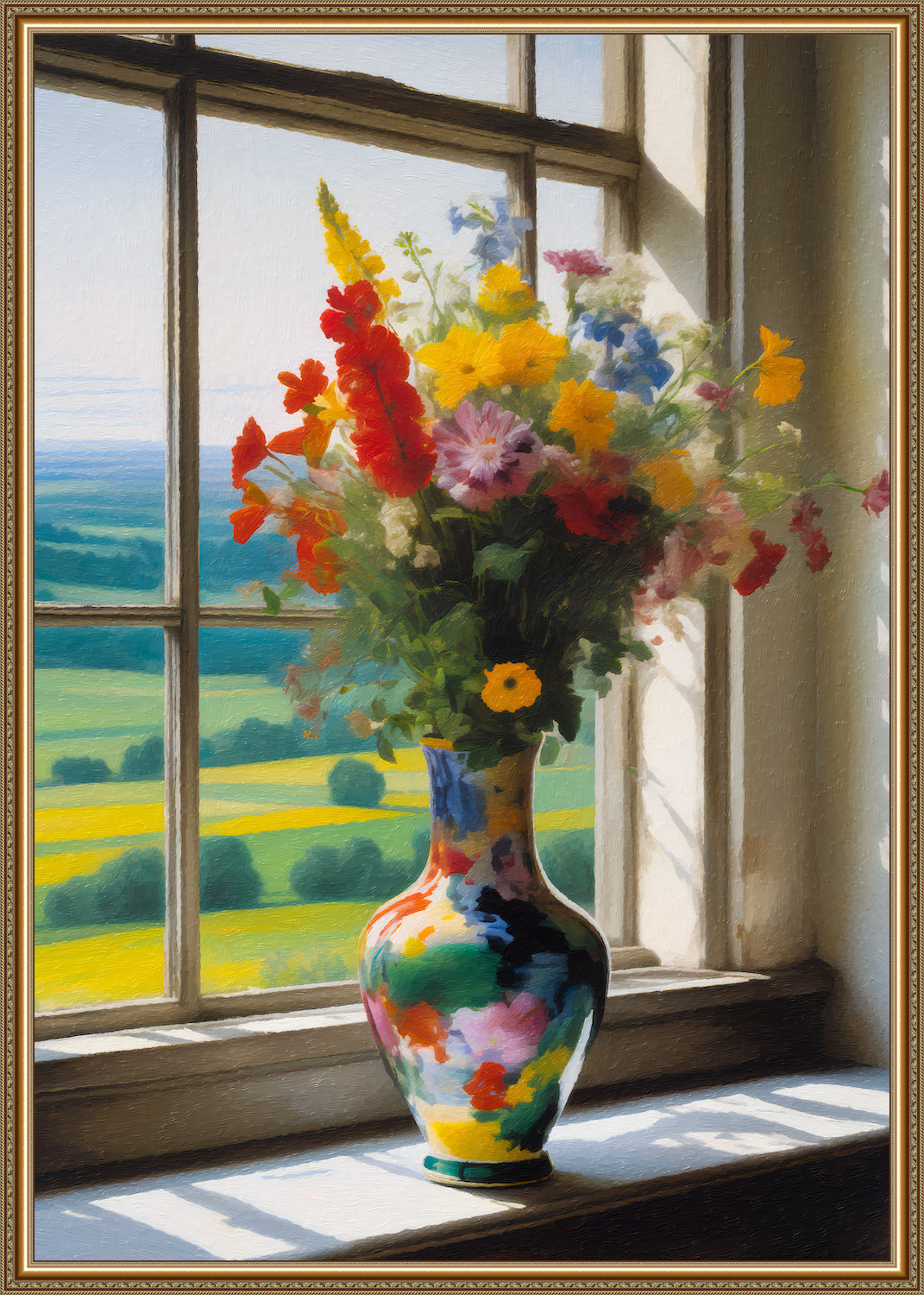 Wilder Feldblumenstrauß in abstrakt bemalter Vase - Impressionistisches Stillleben mit Landschaftsblick - Canvas Wandbild
