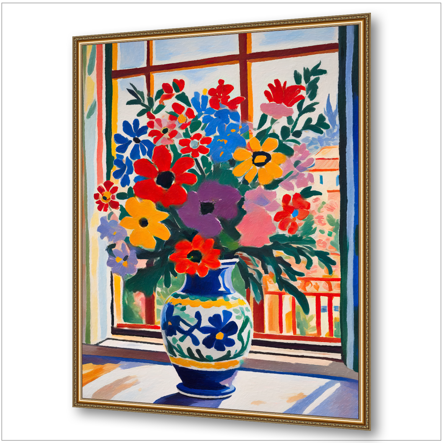 Bunter Blumenstrauß in dekorativer Vase am Fenster - Matisse-inspiriertes Wandbild mit goldenem Rahmen
