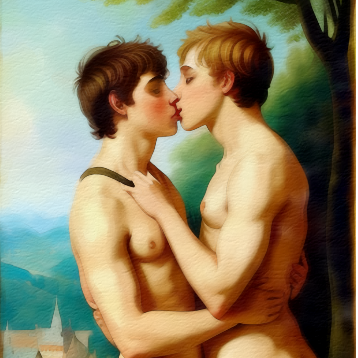 Zwei junge Männer in inniger Umarmung und Kuss - Romantische Landschaft  - Gay Love trifft Caspar David Friedrich