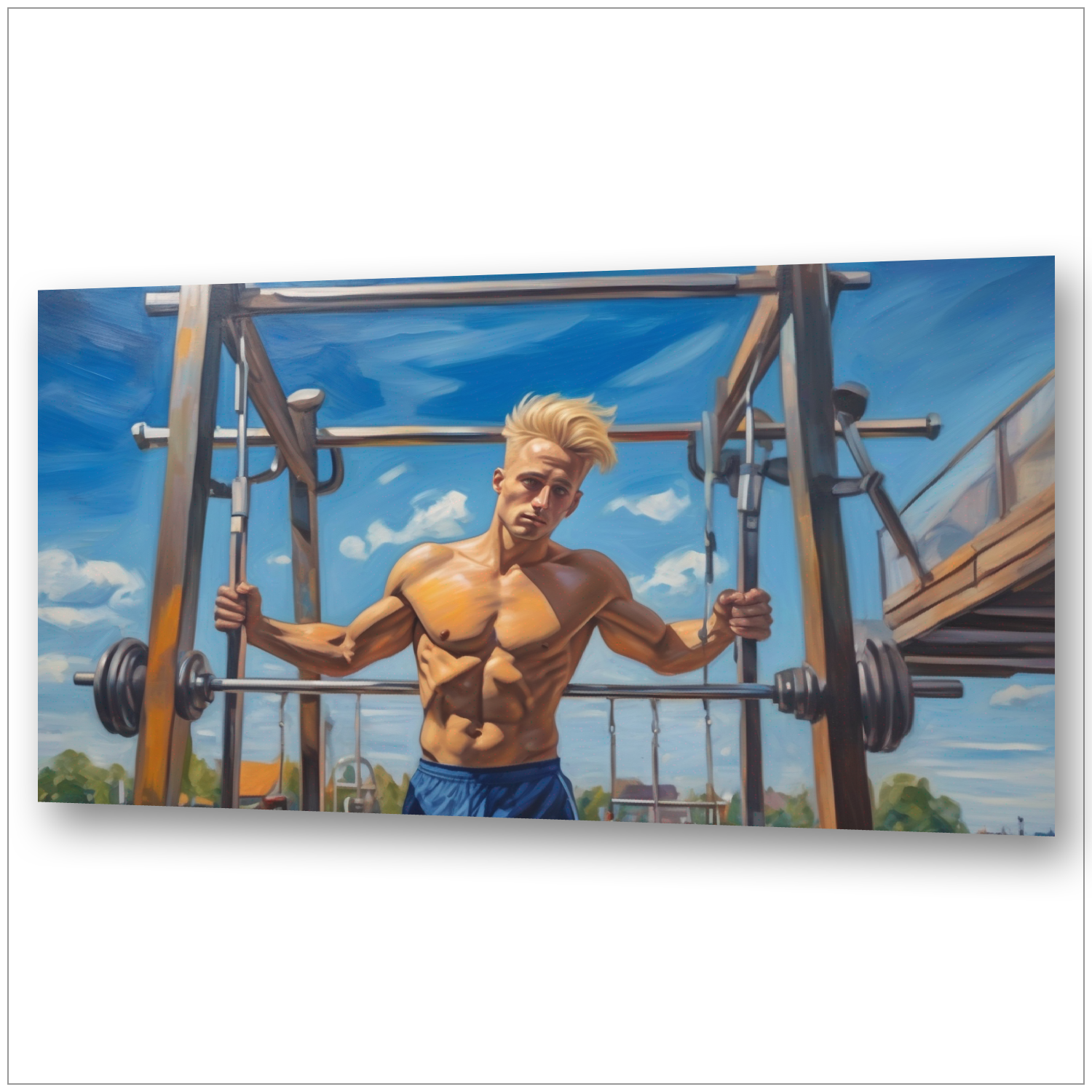 Muskulöser junger Mann beim Krafttraining mit Langhantel - Moderne Gay Art - Canvas Wandbild
