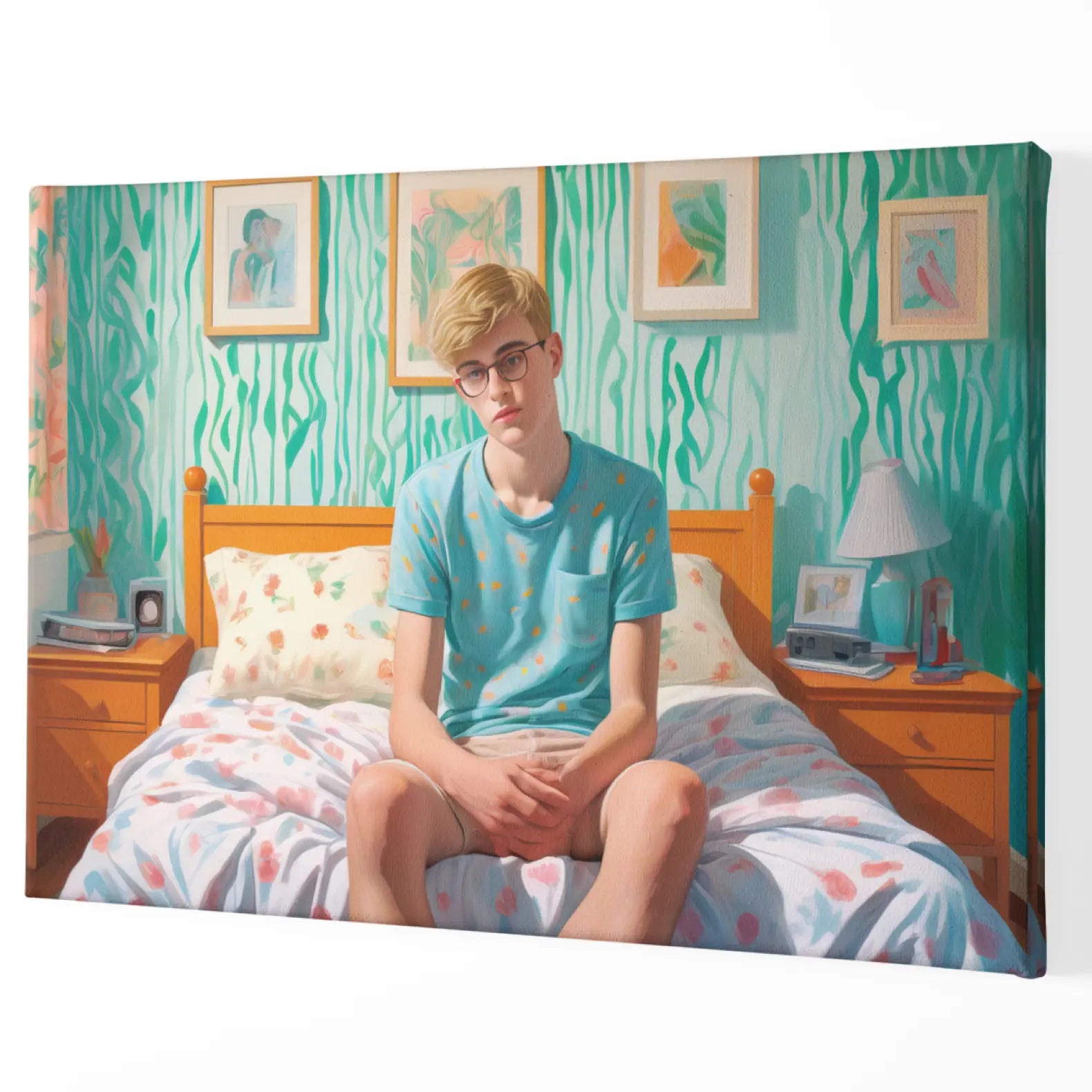 Gay Art Canvas - Junger Mann im bunten Schlafzimmer | Kunstwerk Bilder KUNSTWERK BILDER