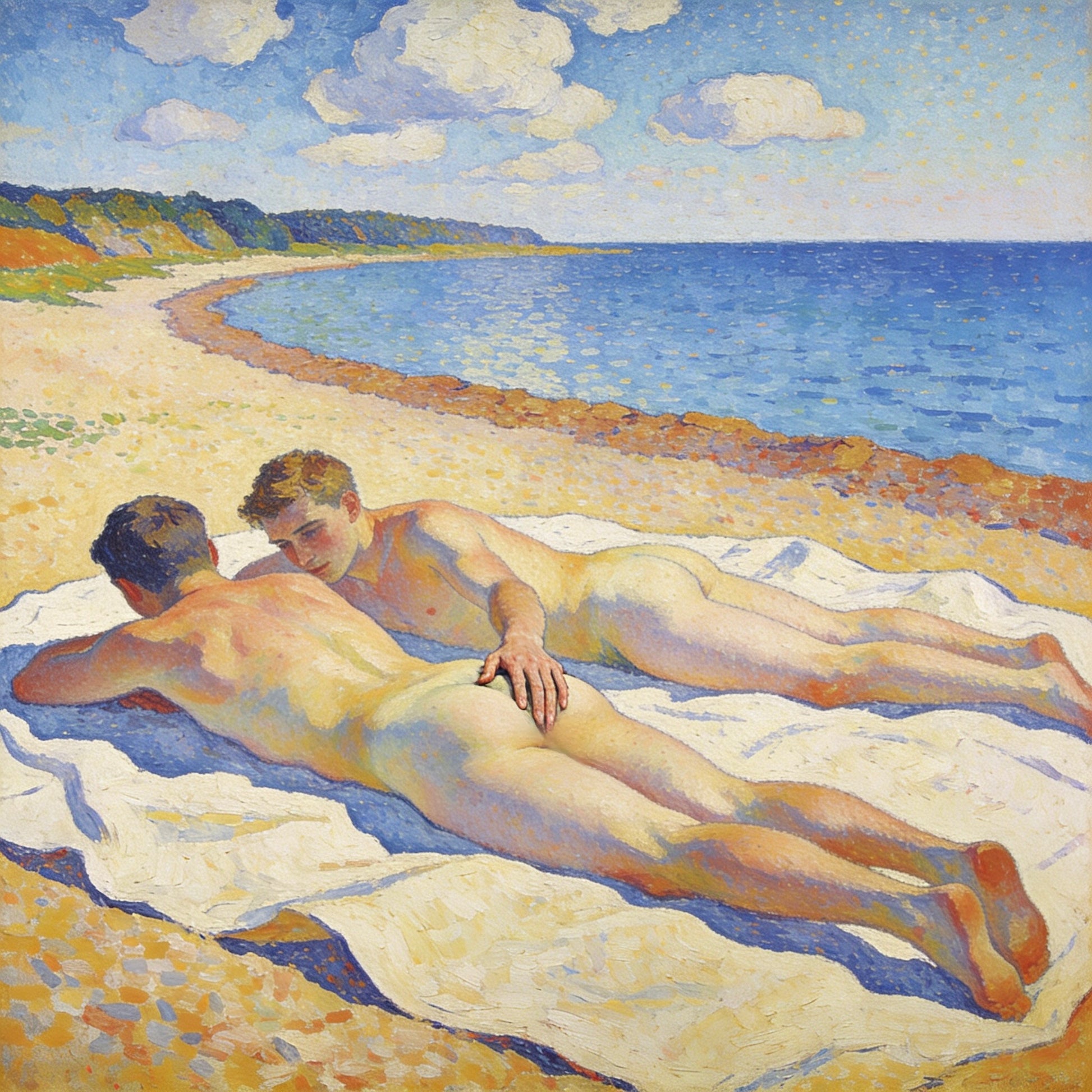 Zwei nackte Männer am blauen See im Macke-Signac-Stil – beide auf dem Bauch, Hand greift nach dem Po
