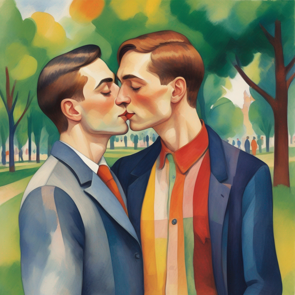 Zwei Männer küssen sich im Park – Gay Love Art im Kirchner-Stil

