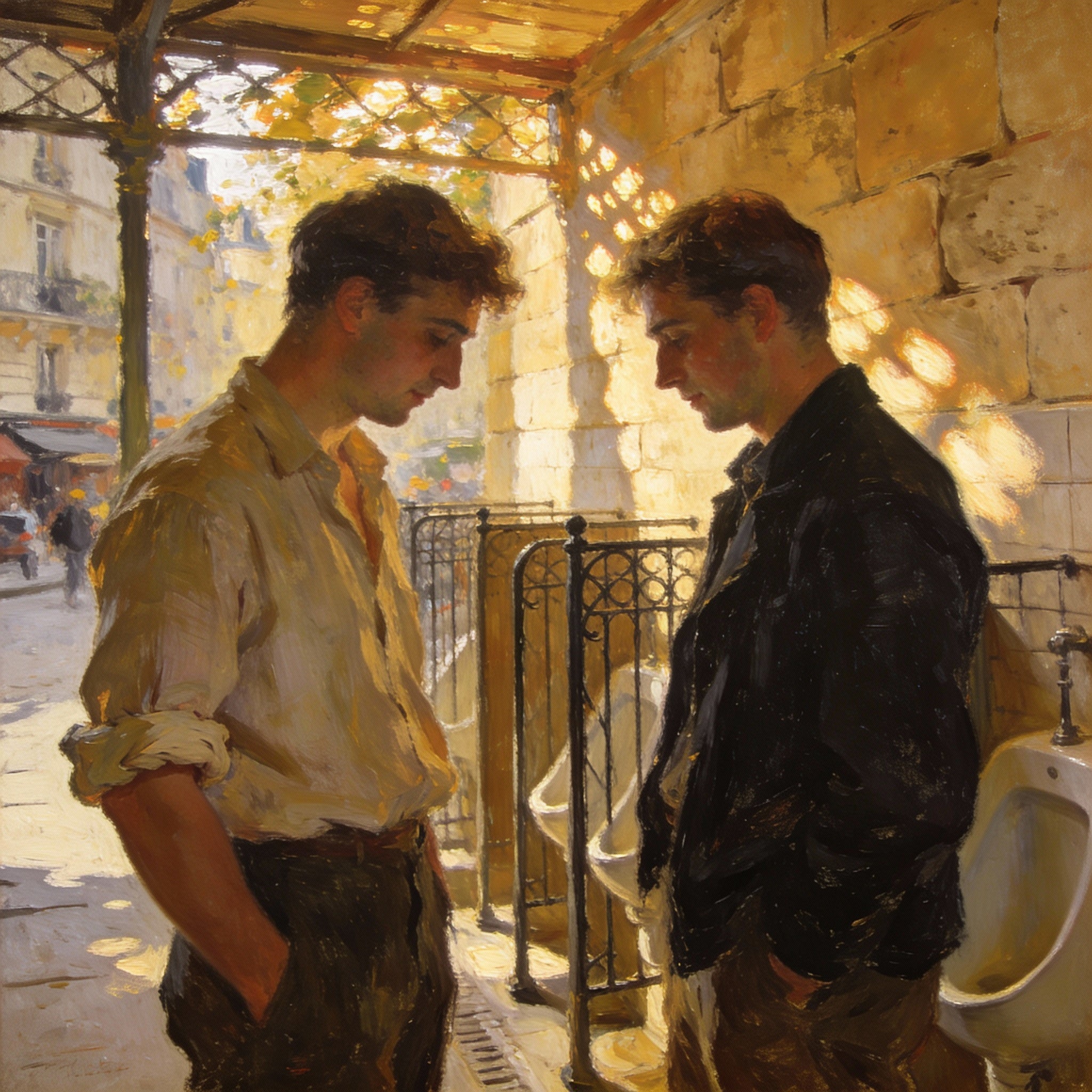 2 schwule männer in einem pariser pissoir