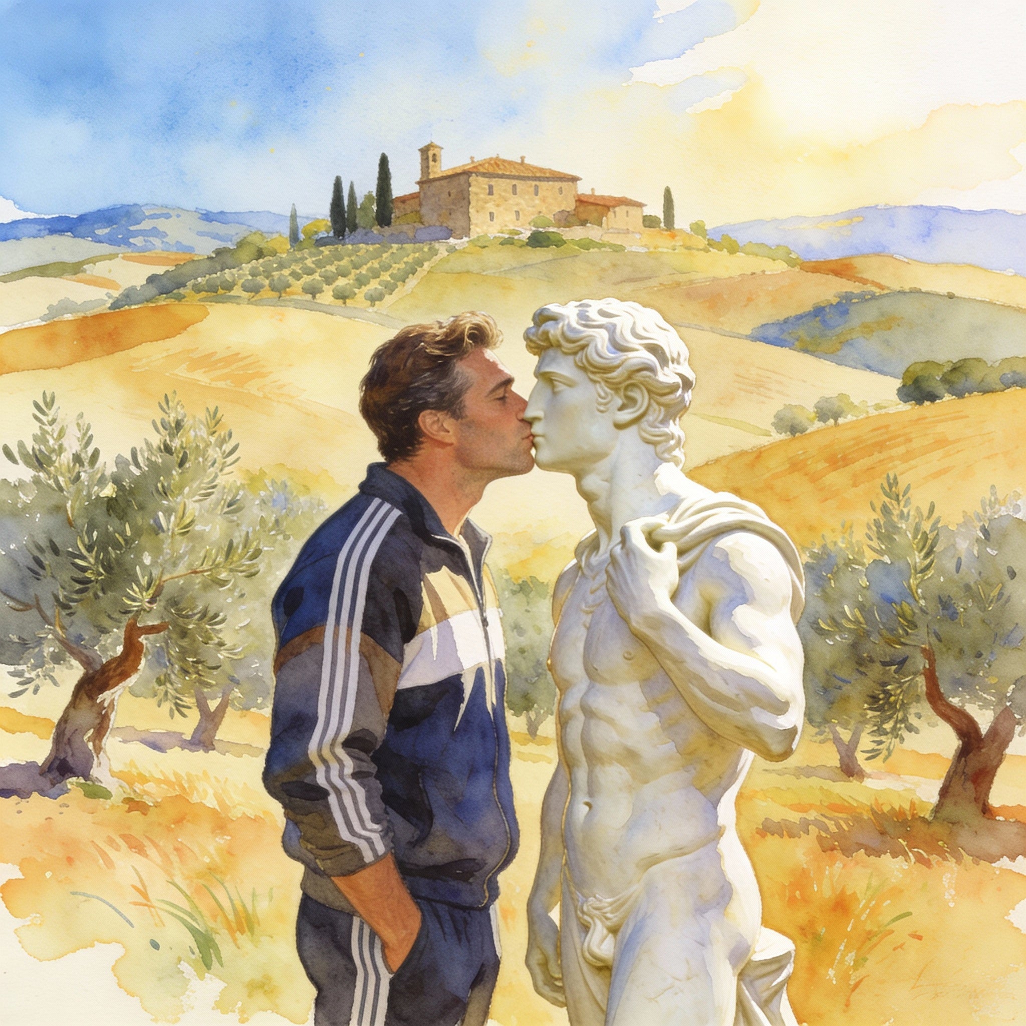 Mann im Trainingsanzug küsst David-Skulptur in toskanischer Landschaft - Ironische Gay Art - Hockney-Stil Canvas Wandbild