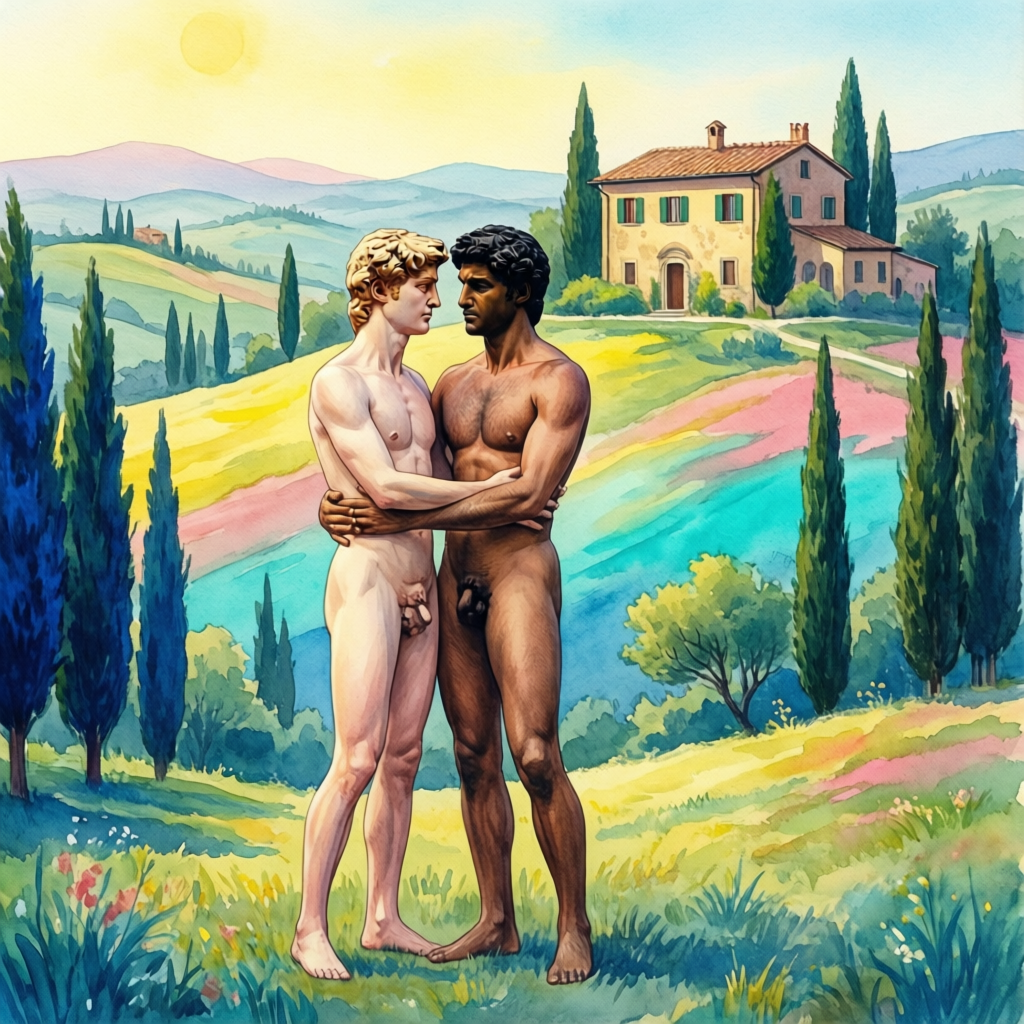 Mann zaubert David-Skulptur in toskanische Landschaft - Surrealistische Umarmung zwischen Schöpfer und Kunst - Hockney-Stil Gay Fine Art - Canvas Wandbild
