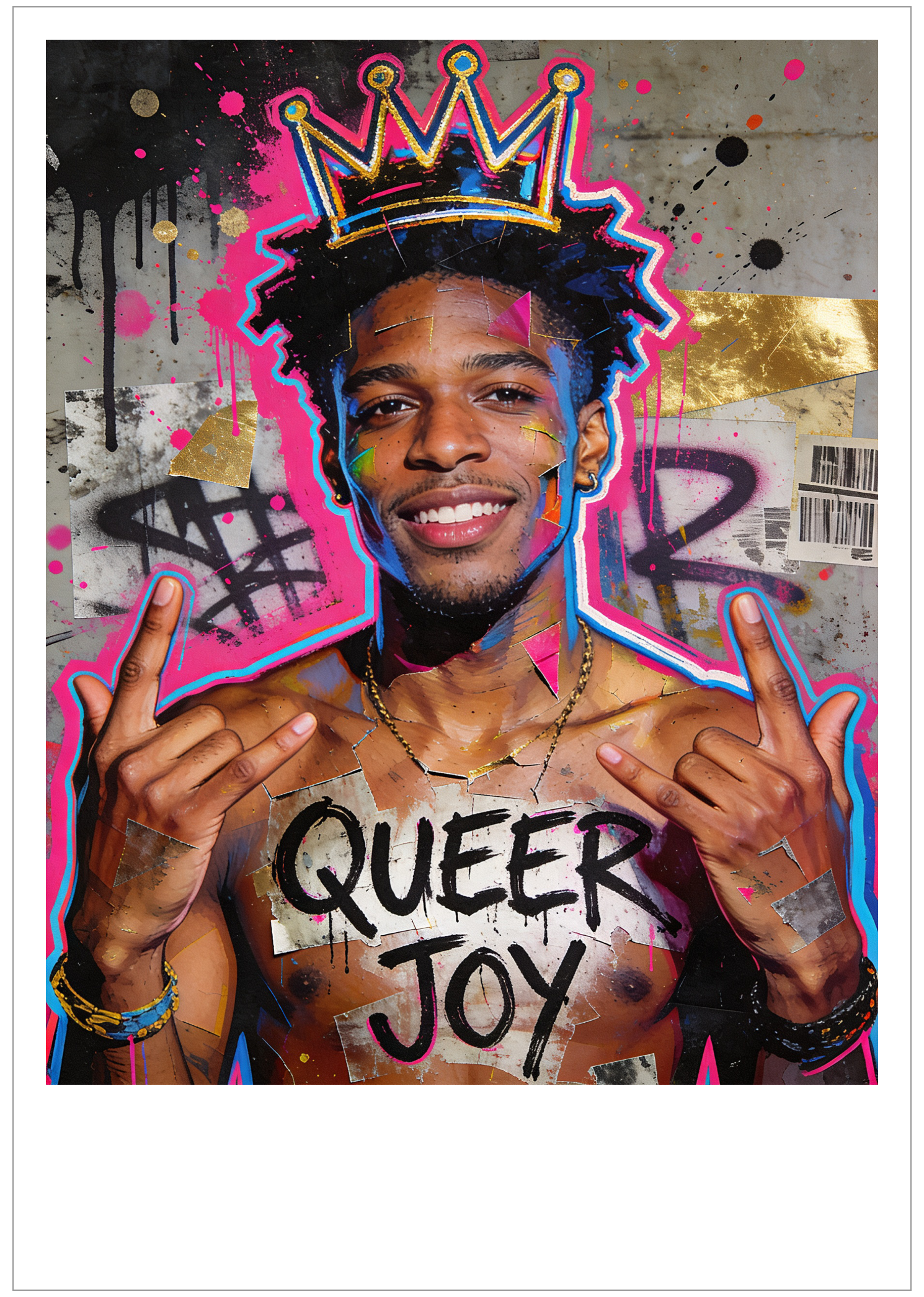 Street Art Portrait junger Mann mit QUEER JOY und Krone - Basquiat-inspirierte Gay Art - Kunstdruck auf Leinwand