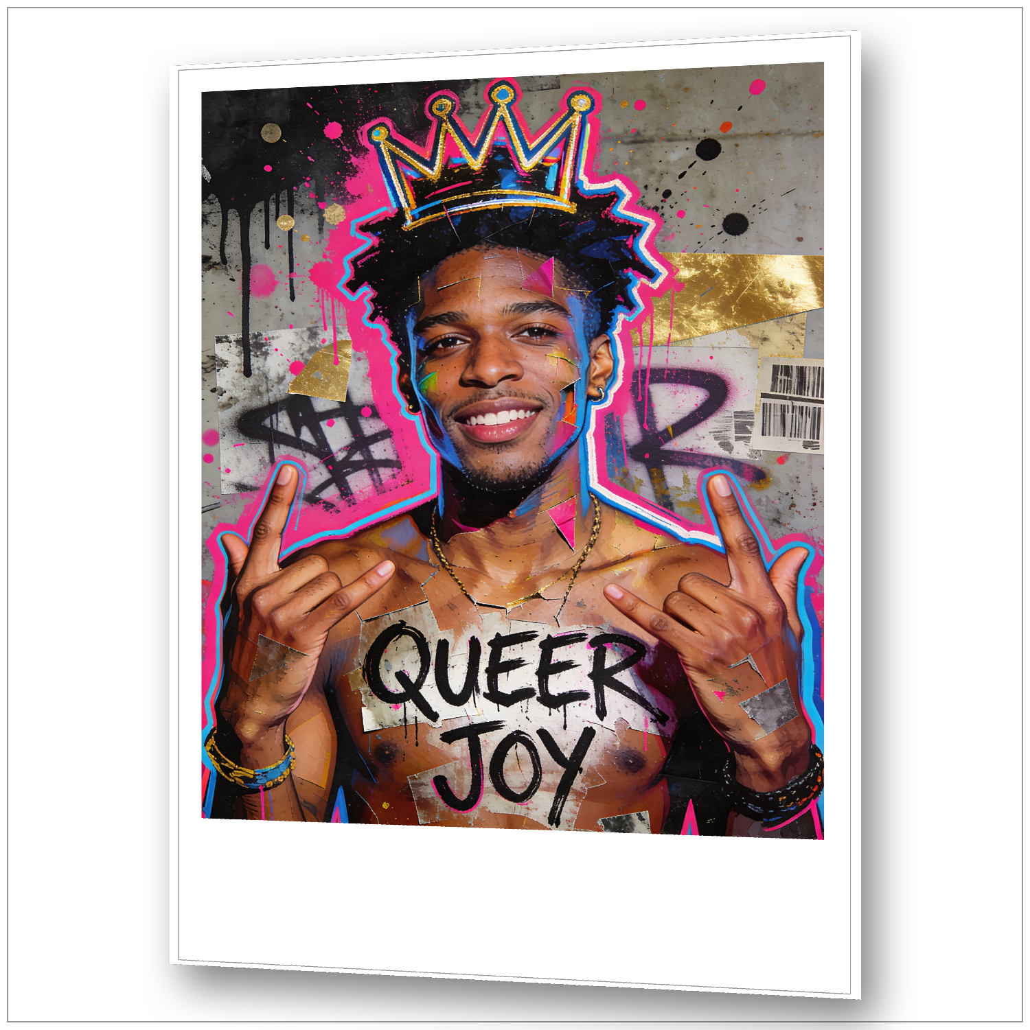 Street Art Portrait junger Mann mit QUEER JOY und Krone - Basquiat-inspirierte Gay Art - Wandbild Keilrahmen
