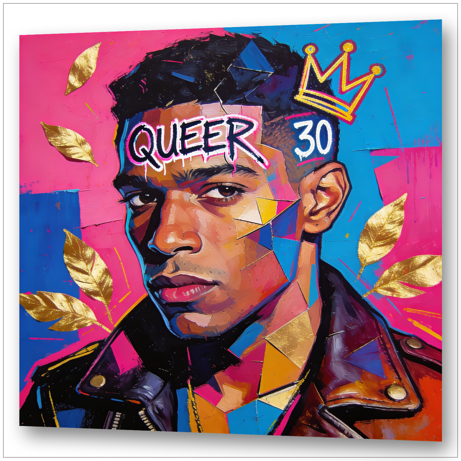 Street Art Portrait junger Mann mit QUEER 30 und goldener Krone - Basquiat-inspirierte Gay Art - Canvas Wandbild