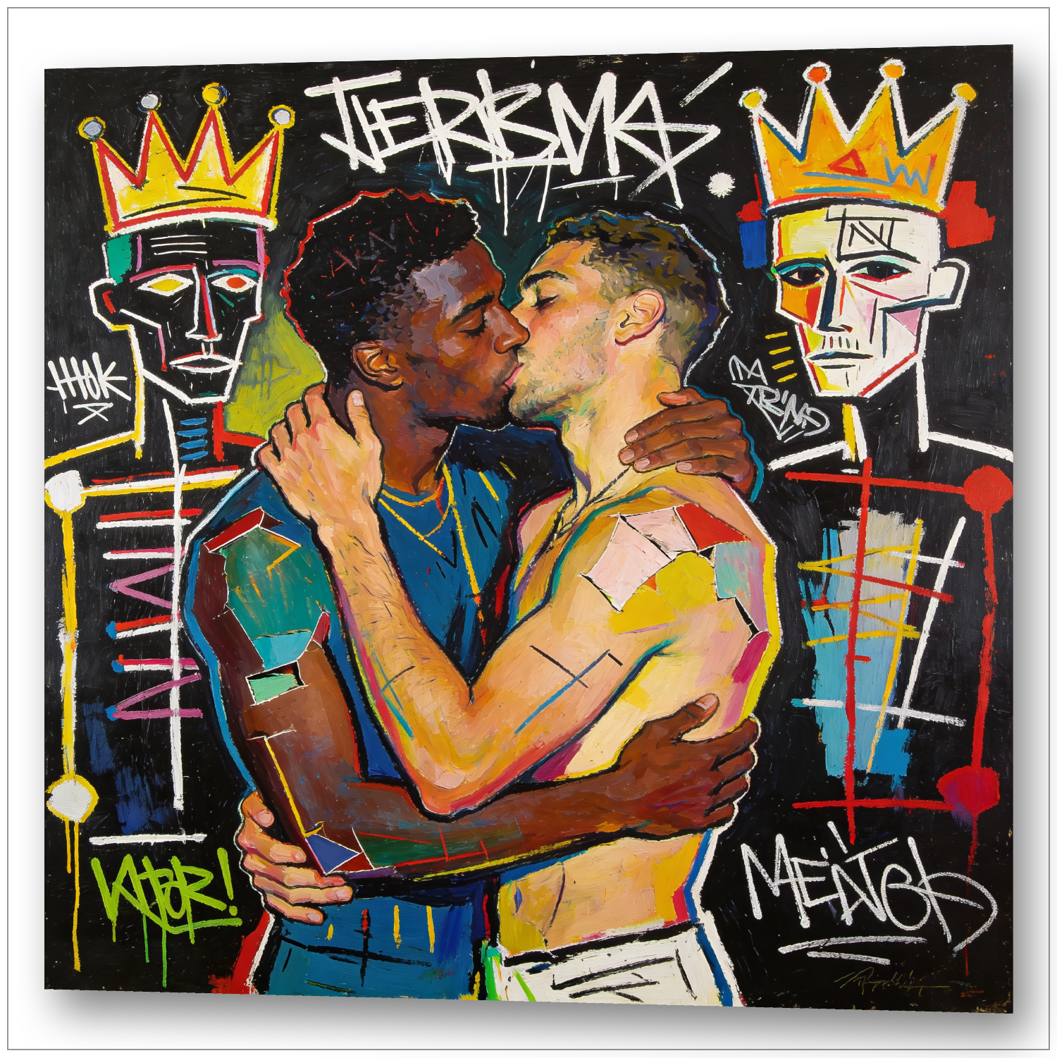 Zwei Männer küssen sich mit Kronen und VIERBYAS Graffiti - Basquiat-inspirierte Gay Love Street Art - Leinwandbild