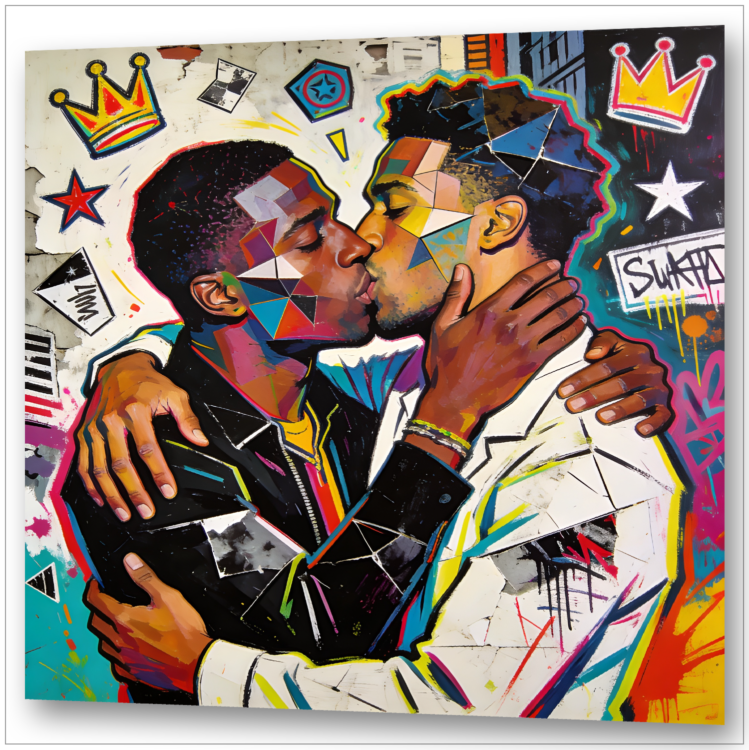 Zwei Männer küssen sich - New York Pop Art Street Art Gay Love 1980er Jahre - Canvas Wandbild
